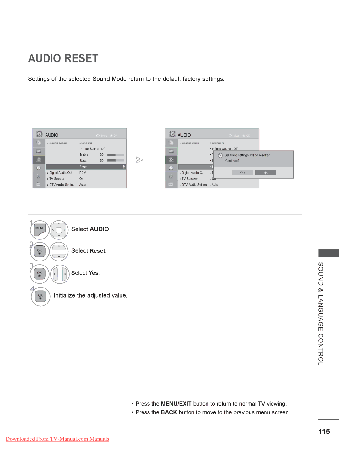 LG Electronics 26/32LD33, 32/37/42/47LD4, 32/37/42/47/55LE5, 32/42/46/52/60LD5 Audio Reset, 115, Select Audio Select Reset 