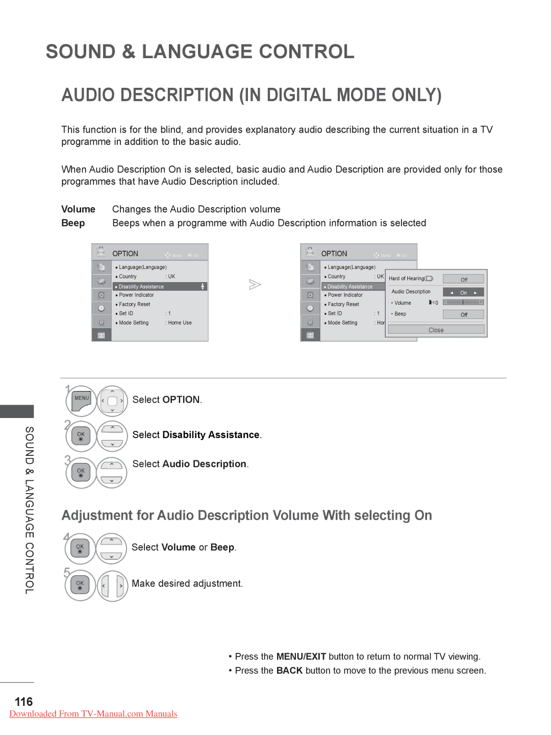 LG Electronics 26/32LD32 Audio Description in Digital Mode only, Adjustment for Audio Description Volume With selecting On 