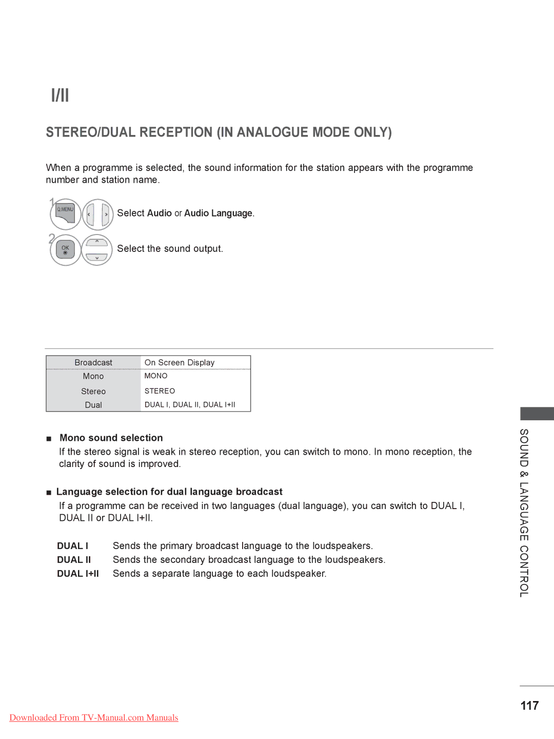 LG Electronics 32/37/ 42LE4, 26/32LD33 117, Select Audio or Audio Language, Select the sound output, Mono sound selection 