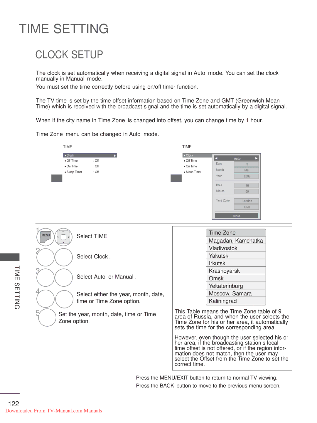 LG Electronics 32/37/42/47LD4, 32/37/42/47/55LE5, 32/42/46/52/60LD5 Clock Setup, 122, Time Setting, Select Time, Time Zone 