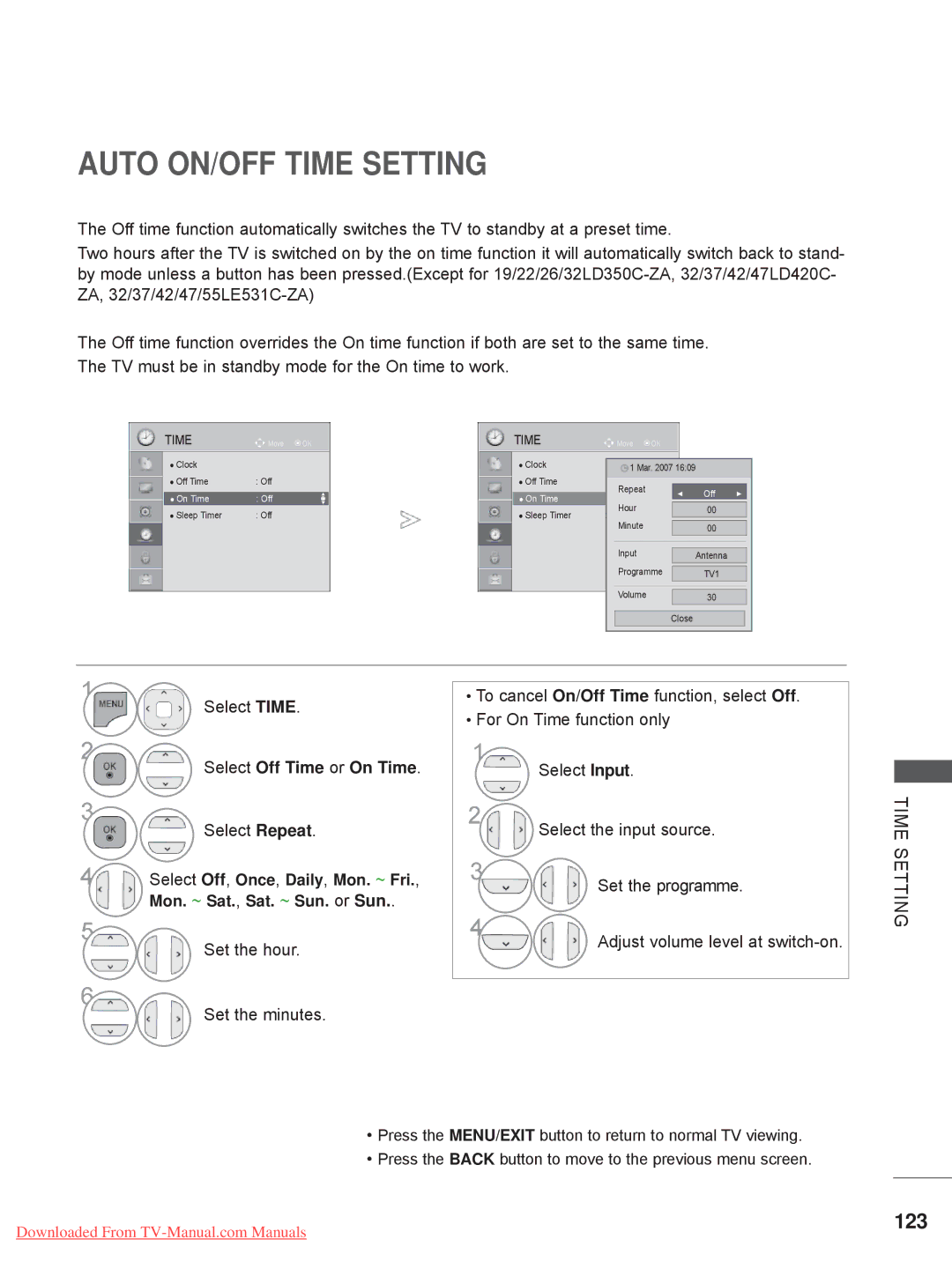 LG Electronics 32/37/42/47/55LE5, 32/37/42/47LD4, 26/32LD33 Auto ON/OFF Time Setting, 123, Select Off Time or On Time 