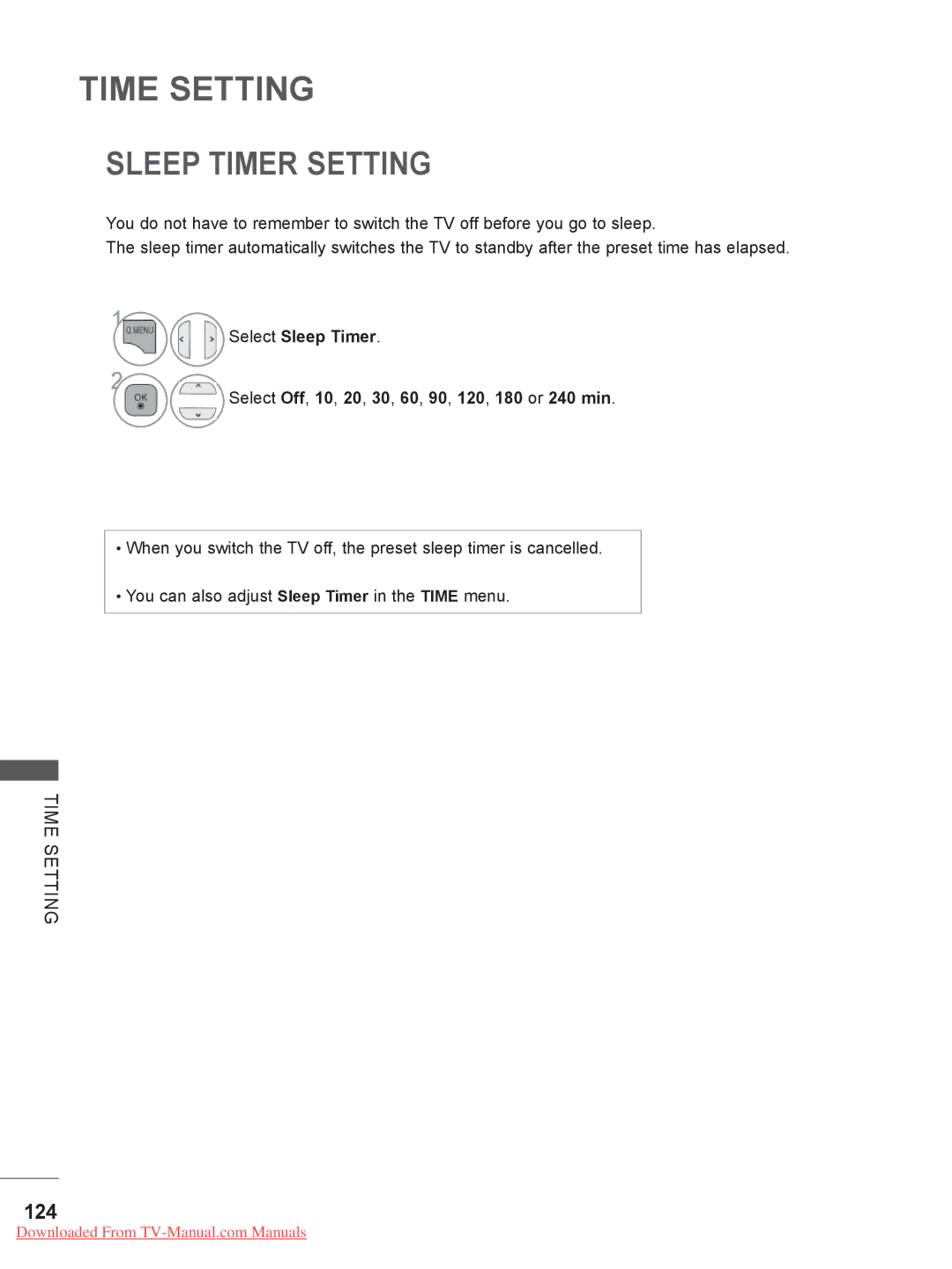 LG Electronics 32/42/46/52/60LD5, 32/37/42/47LD4, 32/37/42/47/55LE5, 26/32LD33, 26/32LD32, 22/26LE5 Sleep Timer Setting, 124 