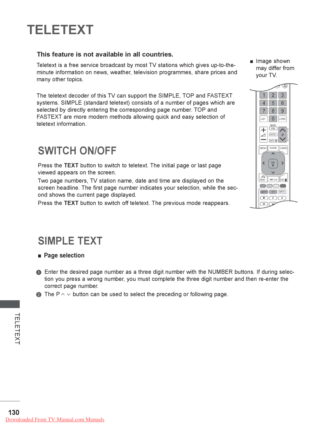 LG Electronics 19/22/26/32LD35 Switch ON/OFF, Simple Text, 130, This feature is not available in all countries, Selection 