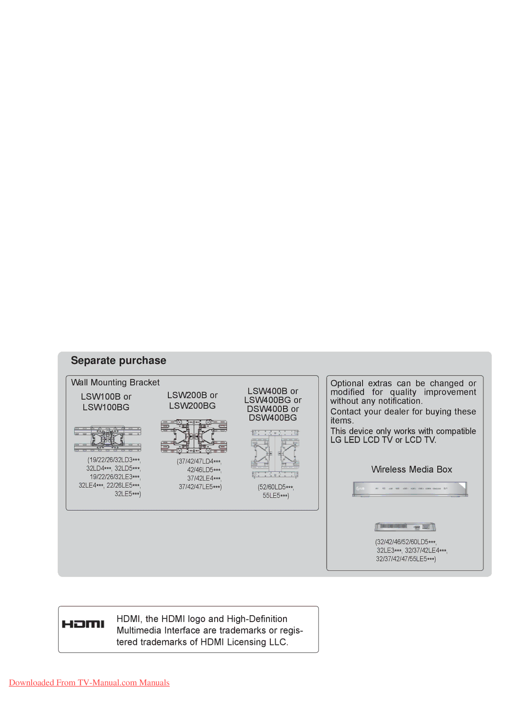 LG Electronics 32/42/46/52/60LD5, 32/37/42/47LD4, 32/37/42/47/55LE5, 26/32LD33 Separate purchase, Wireless Media Box 