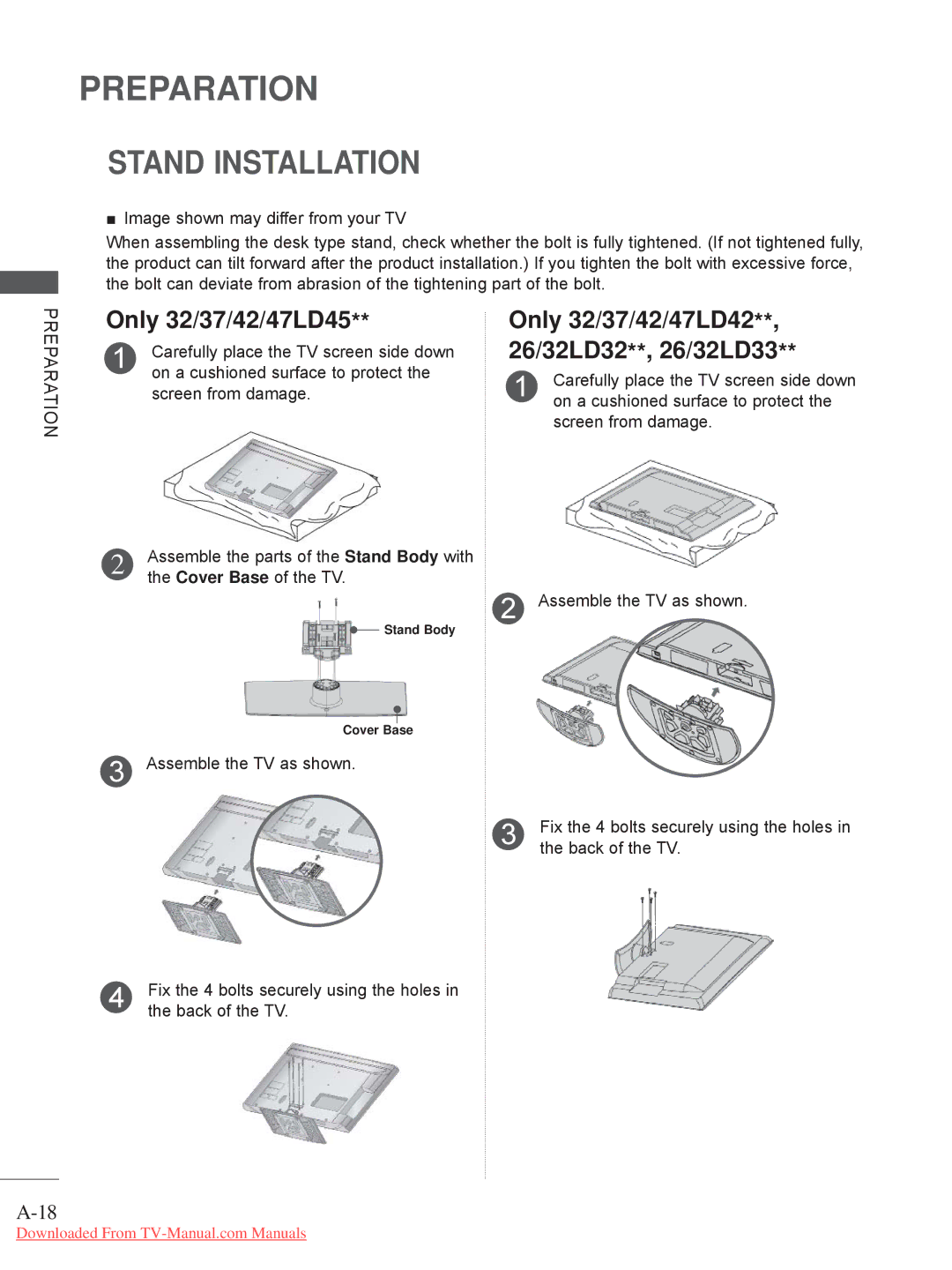 LG Electronics 32/42/46/52/60LD5, 32/37/42/47LD4, 26/32LD33 Stand Installation, Screen from damage Assemble the TV as shown 