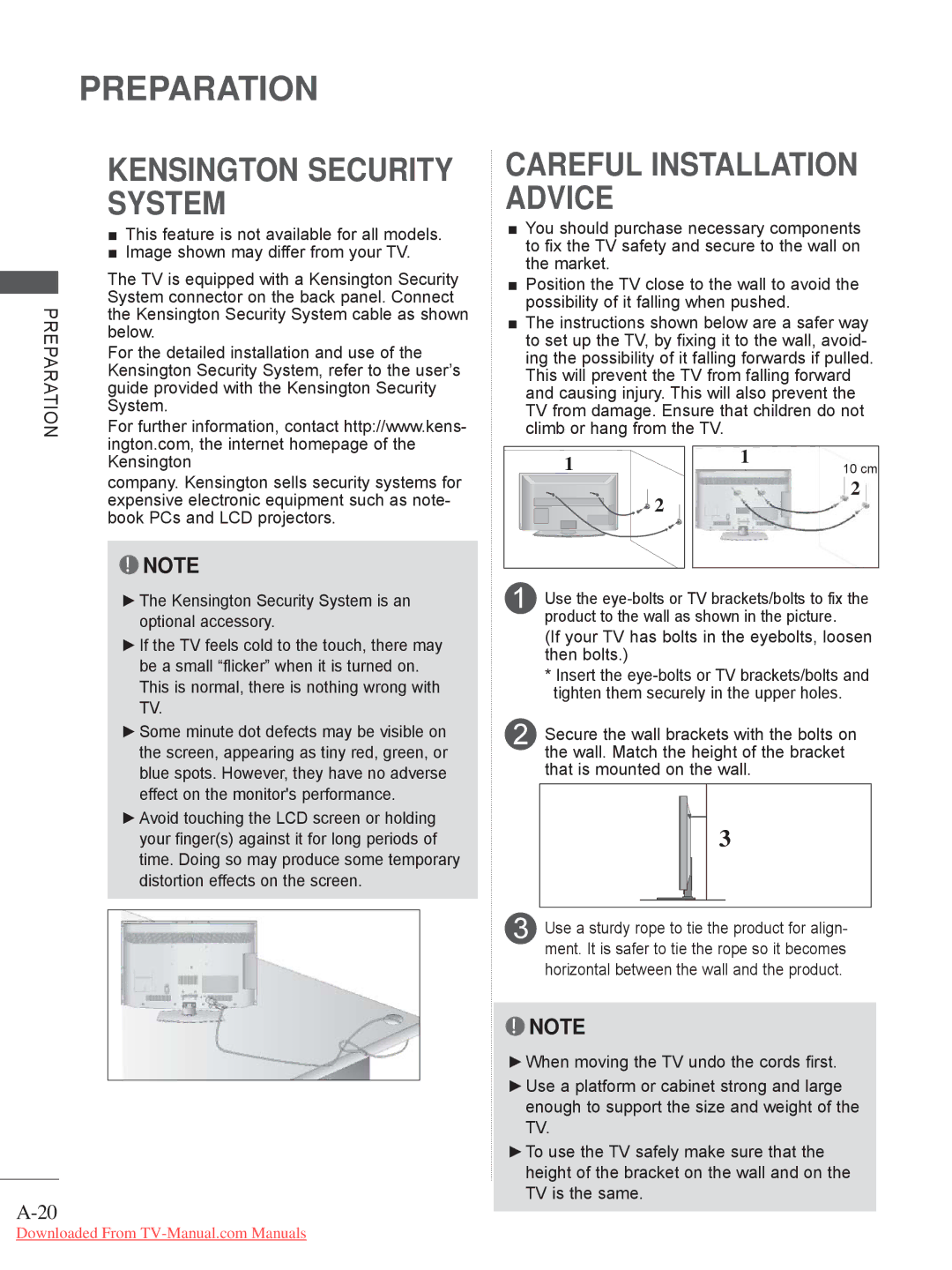 LG Electronics 26/32LD32 Use the eye-bolts or TV brackets/bolts to fix, Product to the wall as shown in the picture 