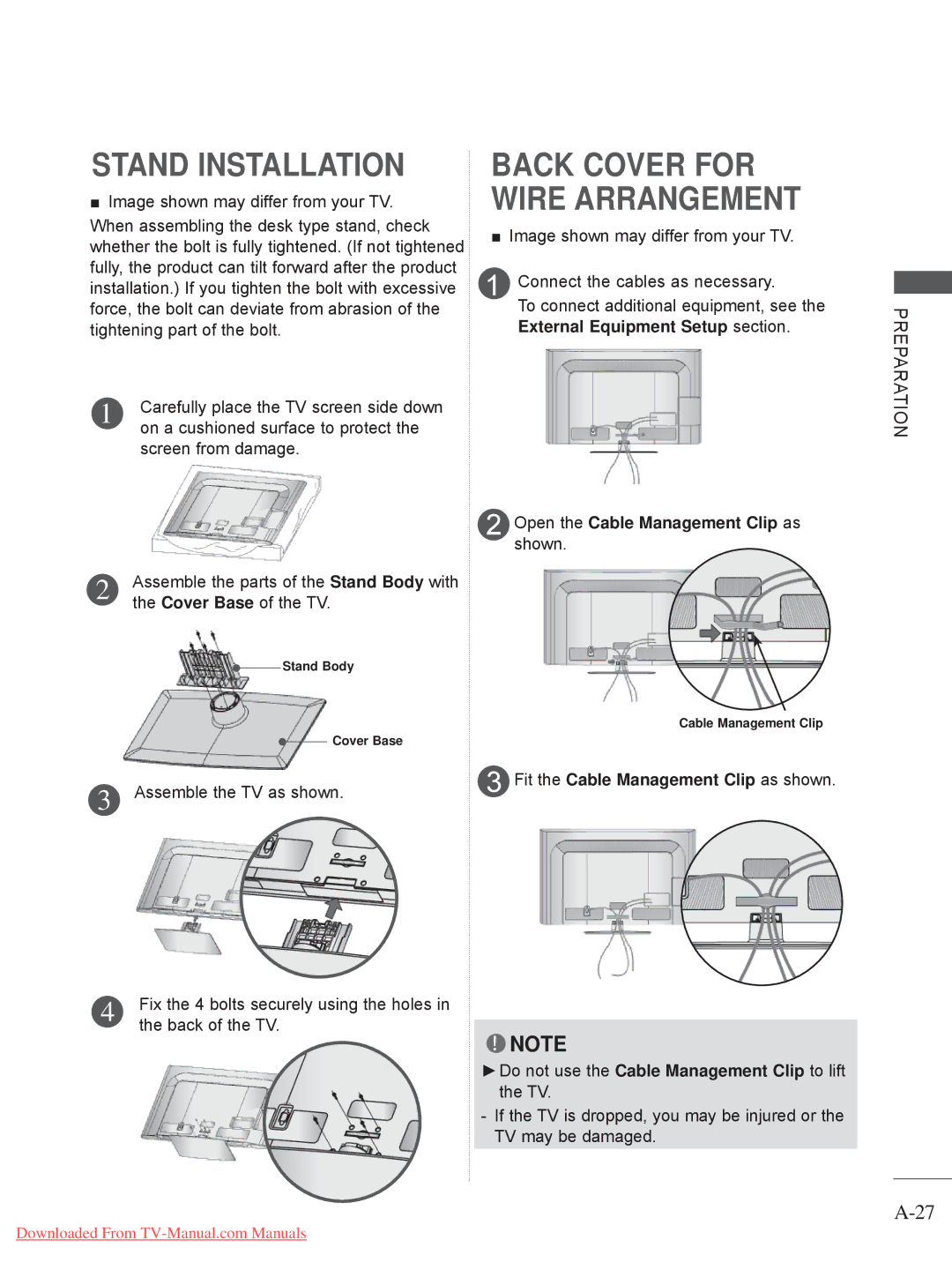 LG Electronics 32/37/42/47/55LE5, 32/37/42/47LD4, 32/42/46/52/60LD5, 26/32LD33 Stand Installation, Assemble the TV as shown 