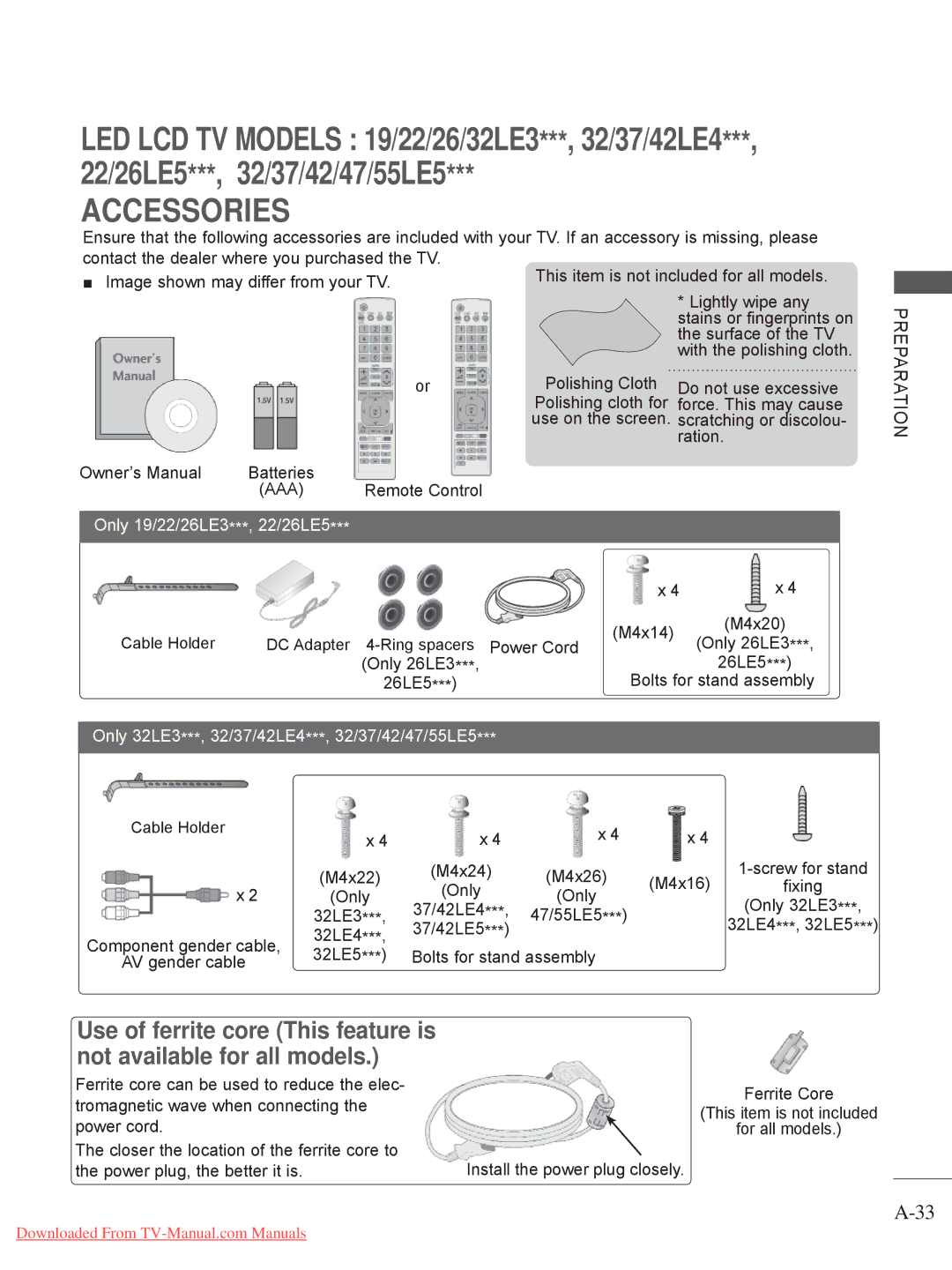 LG Electronics 19/22/26/32LE3, 32/37/42/47LD4 Use on the screen. scratching or discolou- ration, M4x14 M4x20, Only 26LE3 