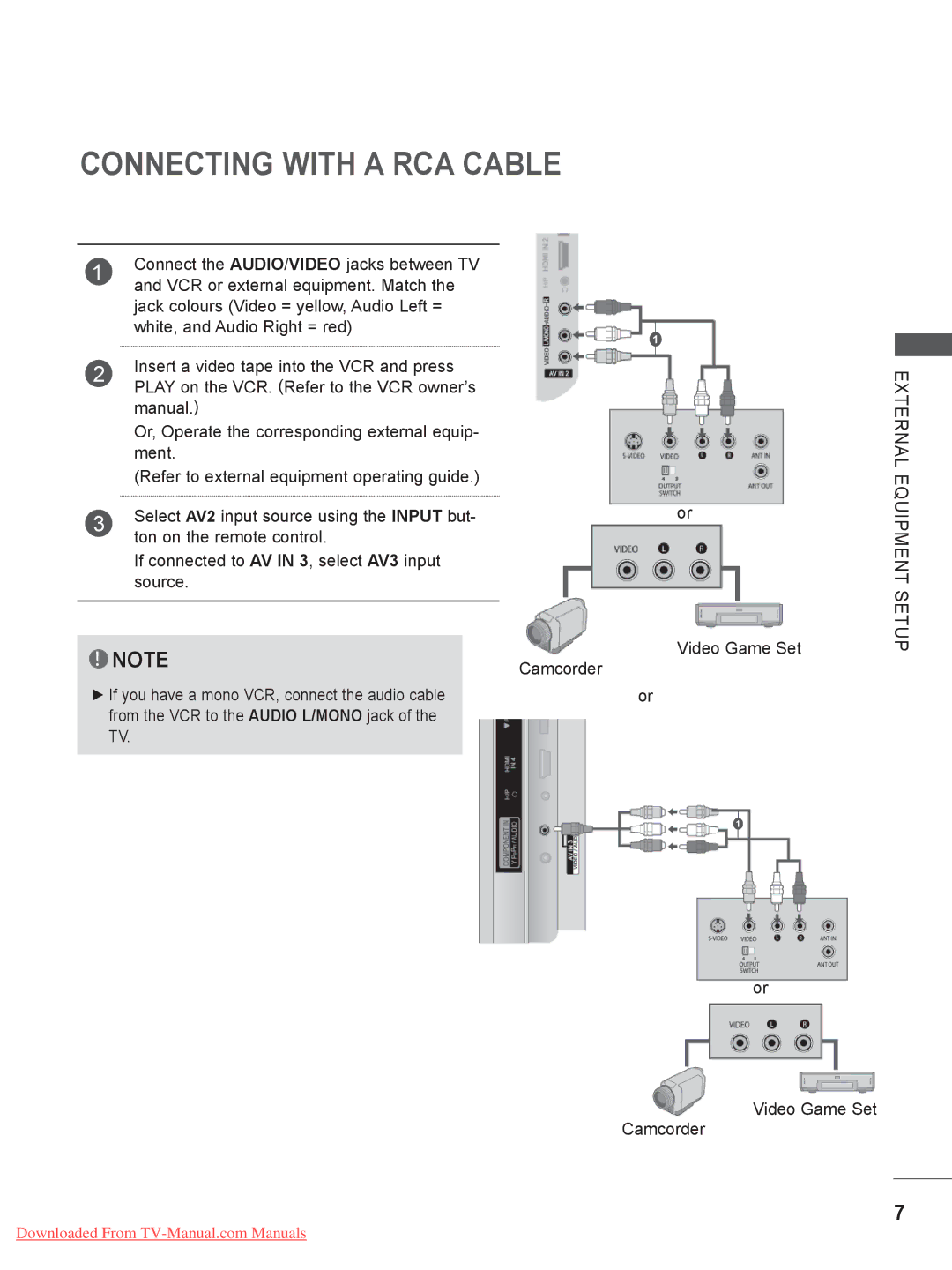 LG Electronics 32/37/ 42LE4, 32/37/42/47LD4, 32/37/42/47/55LE5, 32/42/46/52/60LD5, 26/32LD33 Connecting with a RCA Cable 