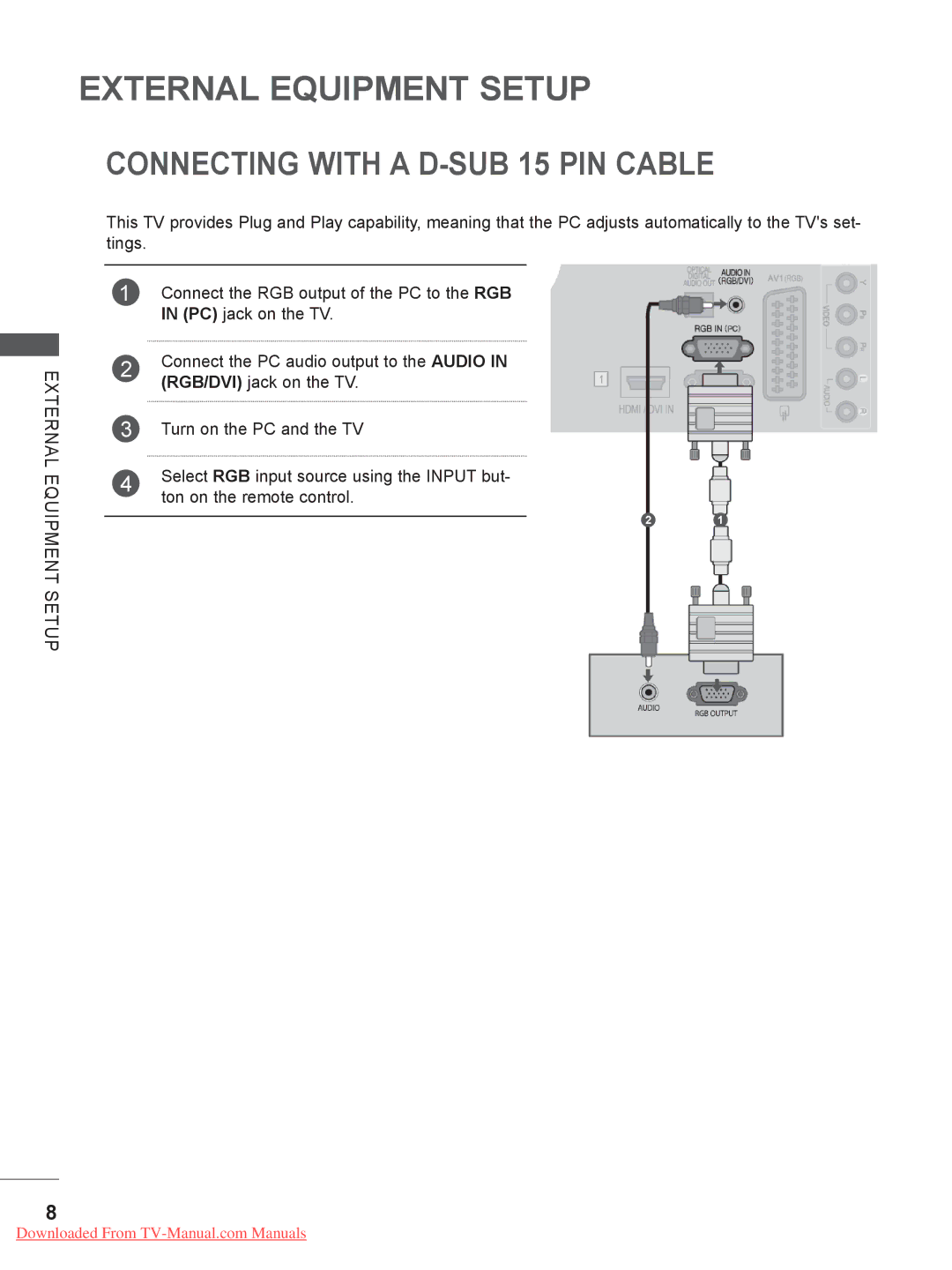 LG Electronics 22/26LE5 Connecting with a D-SUB 15 PIN Cable, PC jack on the TV, Connect the PC audio output to the Audio 