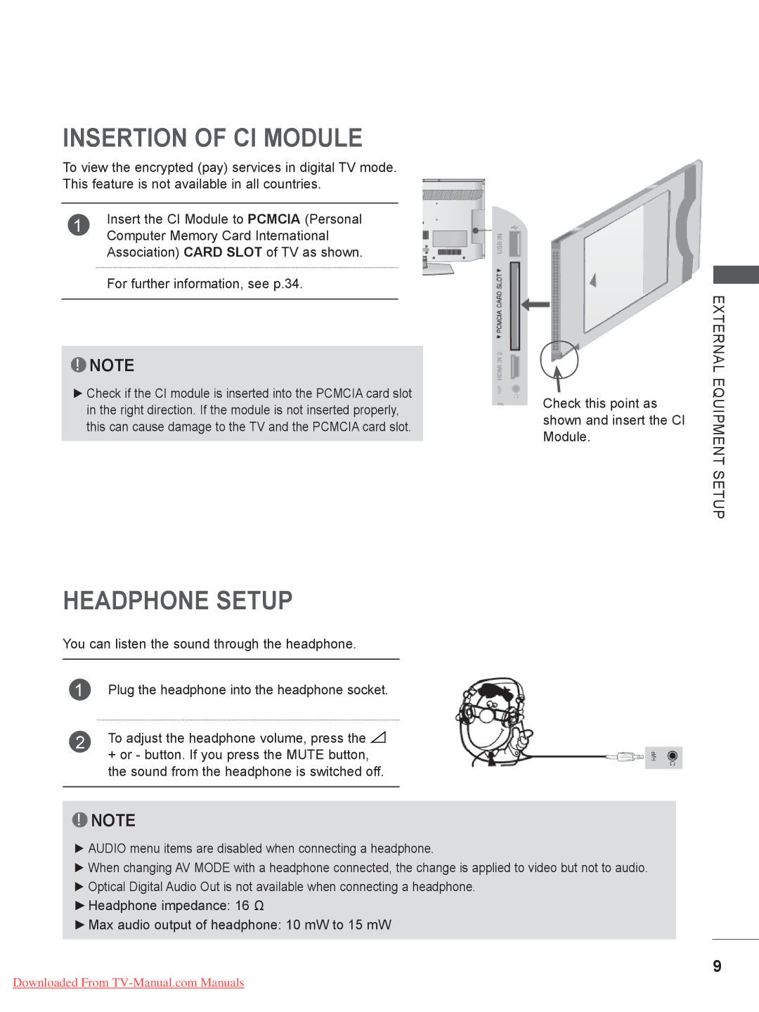 LG Electronics 19/22/26/32LE3 Insertion of CI Module, Headphone Setup, Check this point as shown and insert the CI Module 