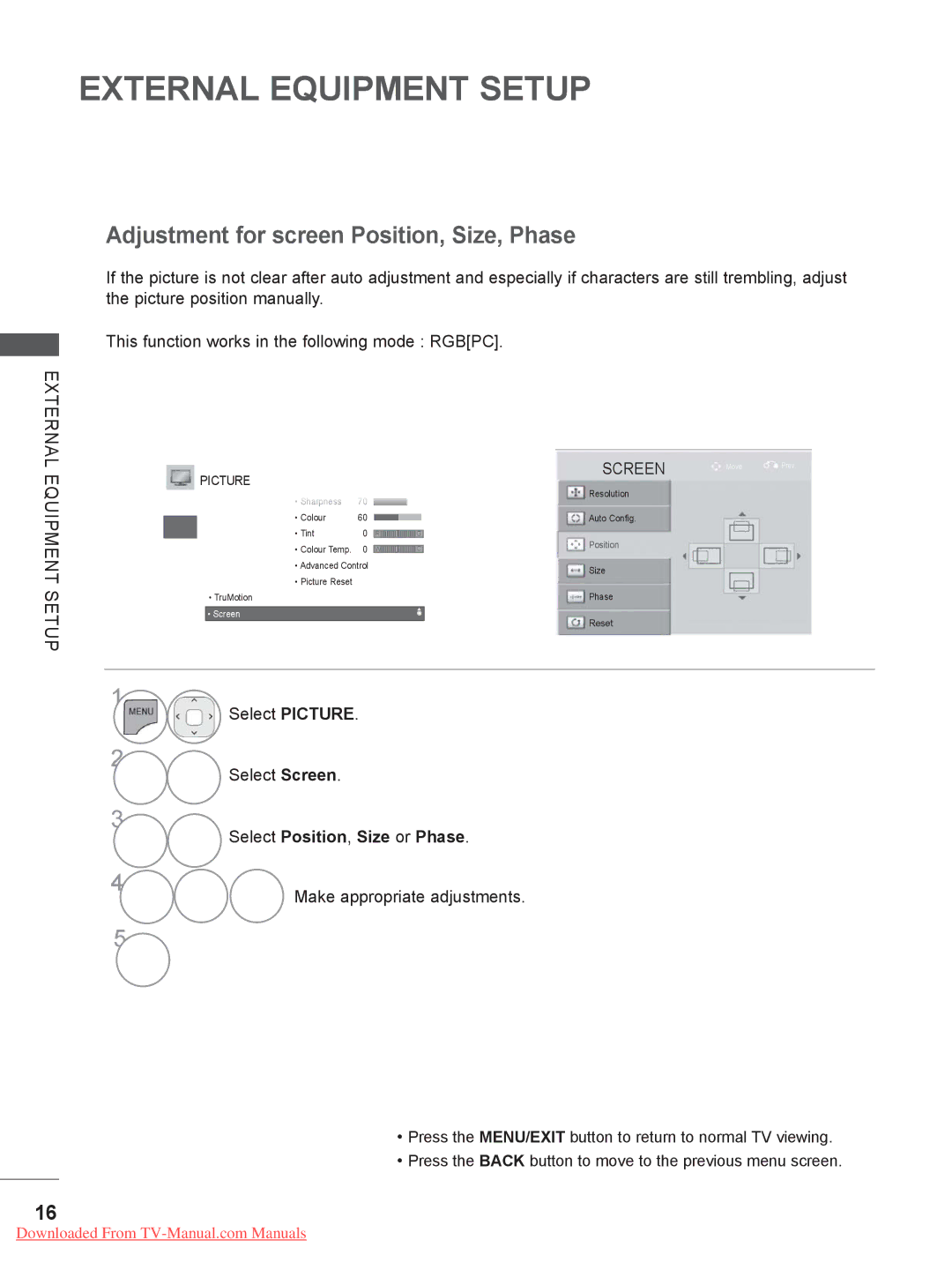 LG Electronics 26/32LD32, 32/37/42/47LD4 Adjustment for screen Position, Size, Phase, Select Position, Size or Phase 