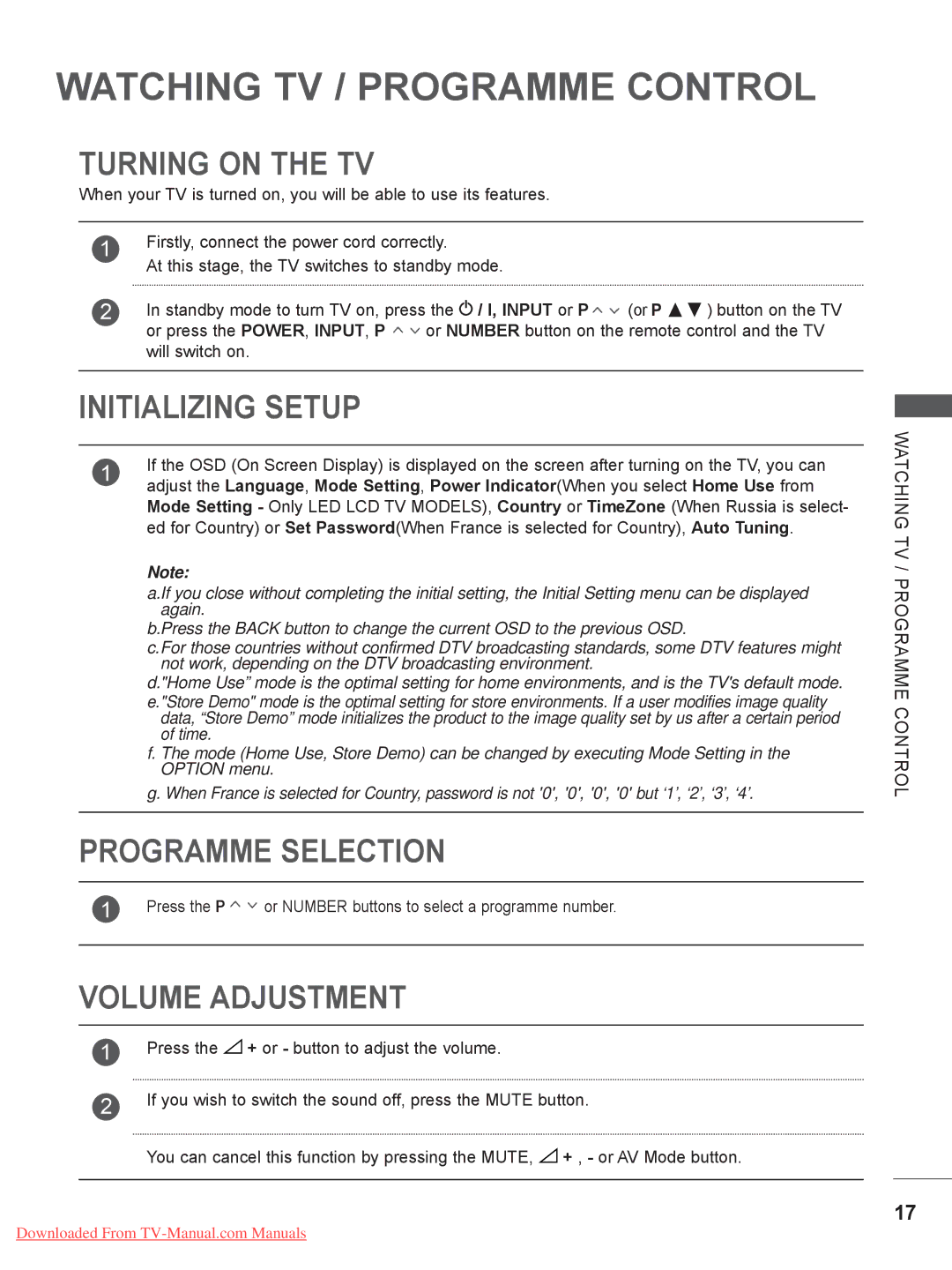 LG Electronics 32/37/ 42LE4, 32/37/42/47LD4 Turning on the TV, Initializing Setup, Programme Selection, Volume Adjustment 