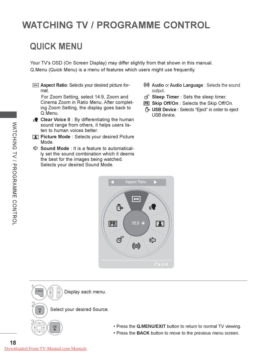 LG Electronics 22/26LE5 Quick Menu, Watching TV, Audio or Audio Language Selects the sound output, Programme Control 