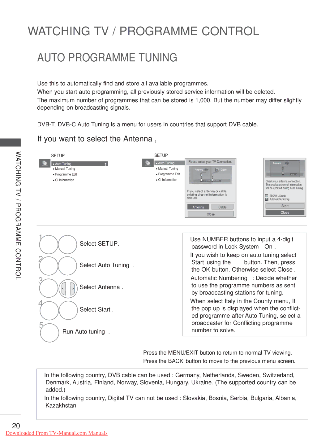 LG Electronics 19/22/26/32LD35 Auto Programme Tuning, Select Setup, Select Auto Tuning, Select Antenna Select Start 