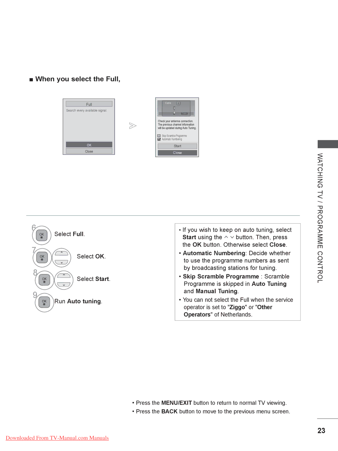 LG Electronics 32/37/42/47/55LE5, 32/37/42/47LD4, 26/32LD33 When you select the Full, Select Full Select OK Select Start 