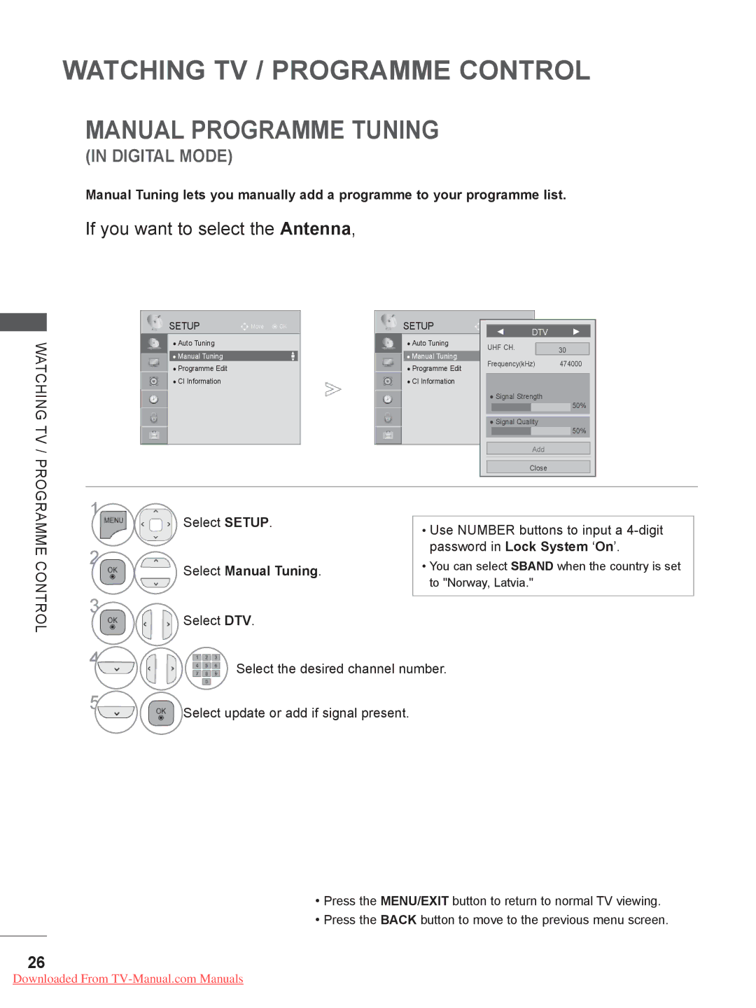 LG Electronics 26/32LD32, 32/37/42/47LD4, 32/37/42/47/55LE5, 32/42/46/52/60LD5 Manual Programme Tuning, Select Manual Tuning 