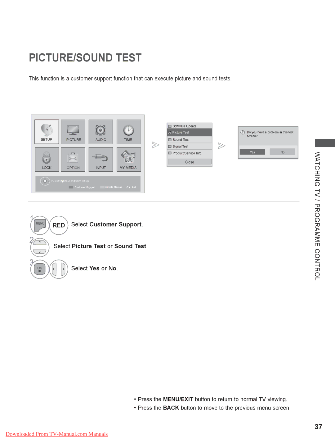 LG Electronics 32/37/ 42LE4, 32/37/42/47LD4, 32/37/42/47/55LE5, 32/42/46/52/60LD5 PICTURE/SOUND Test, Select Yes or No 