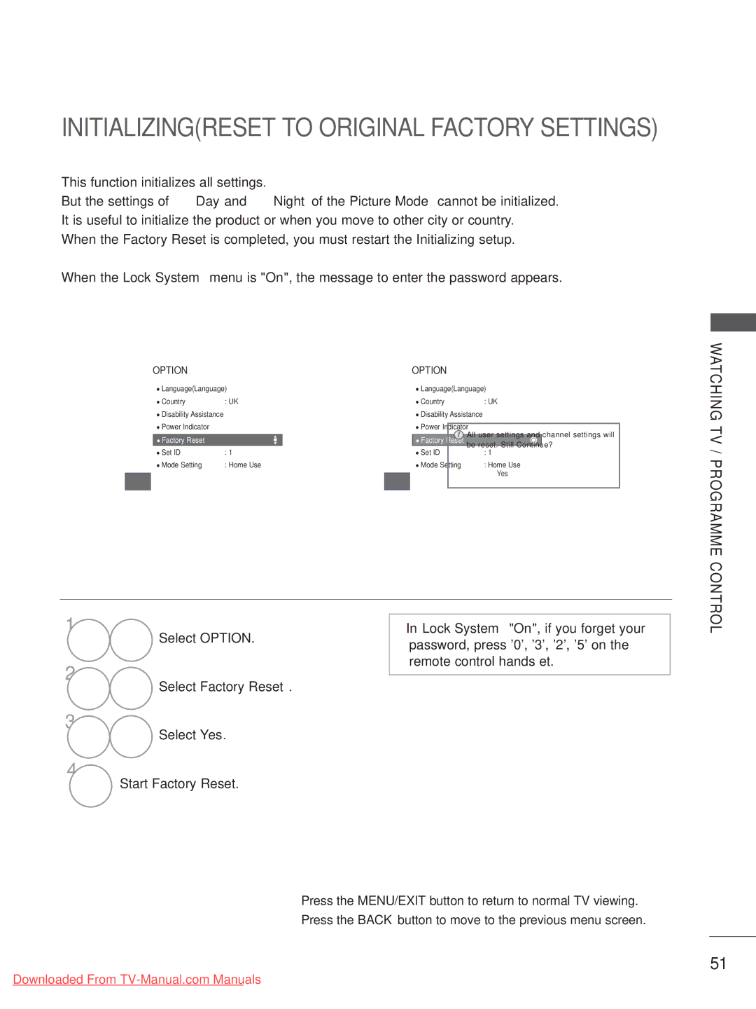 LG Electronics 19/22/26/32LD34, 32/37/42/47LD4 Initializingreset to Original Factory Settings, Select Factory Reset 