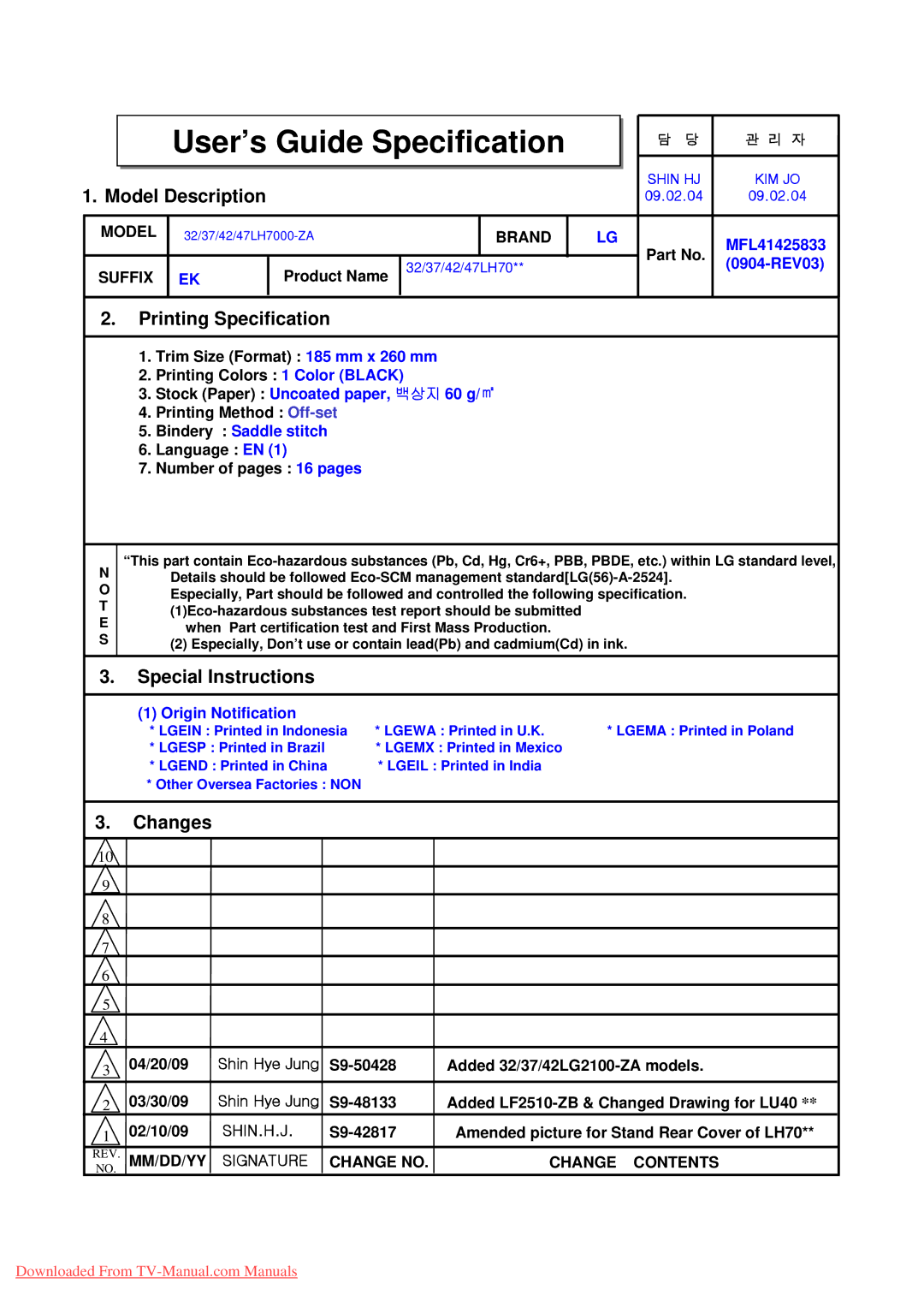 LG Electronics 32/37/42/47LH7000-ZA specifications User’s’s Guidei Specificationifi ti 