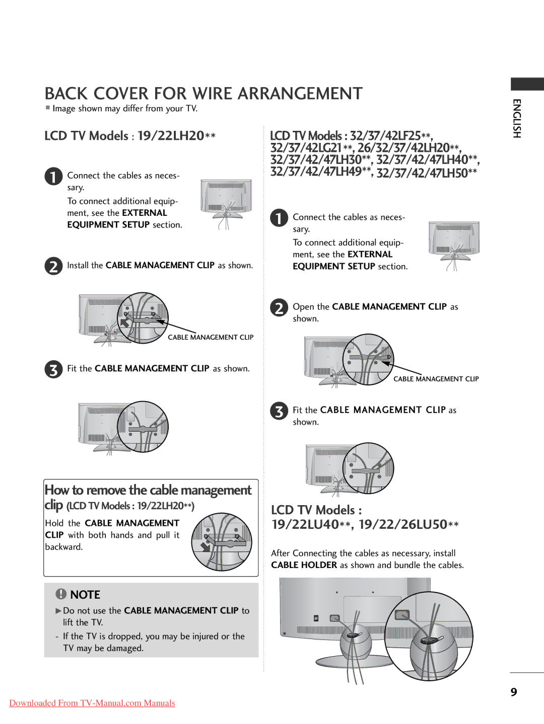 LG Electronics 32/37/42/47LH7000-ZA specifications Back Cover for Wire Arrangement, Connect the cables as neces Sary 