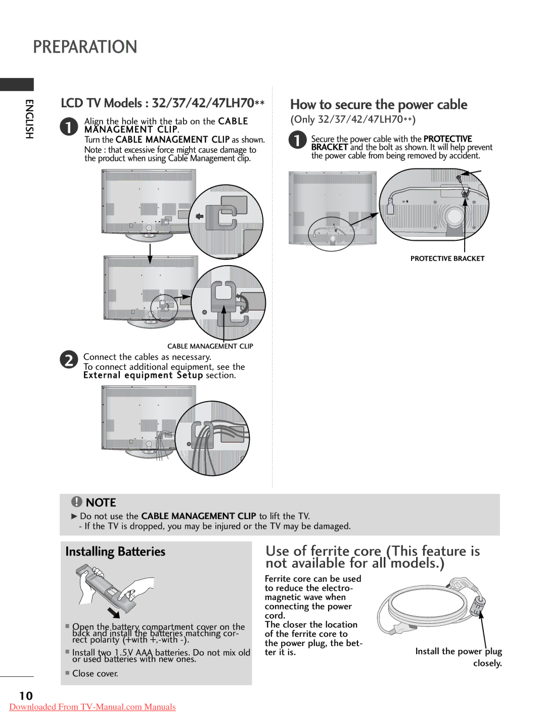 LG Electronics 32/37/42/47LH7000-ZA specifications LCD TV Models 32/37/42/47LH70, Align the hole with the tab on the Cable 