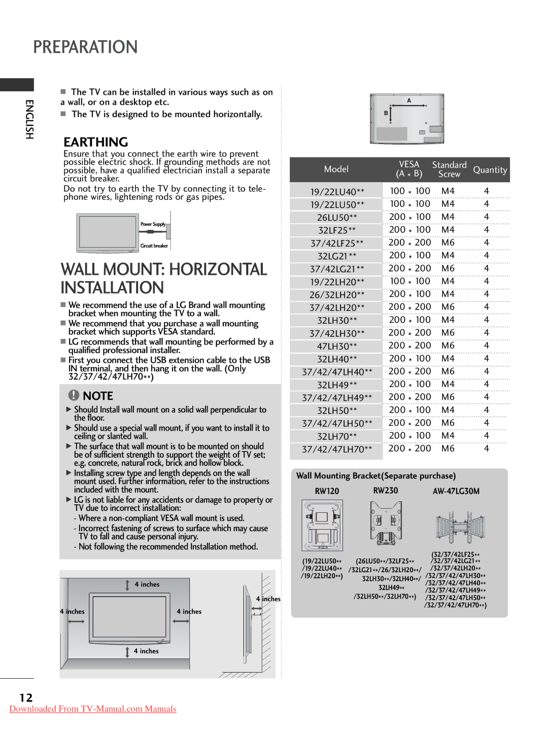 LG Electronics 32/37/42/47LH7000-ZA Floor, Ceiling or slanted wall, 19/22LU40 100 19/22LU50, 200 37/42LH30 