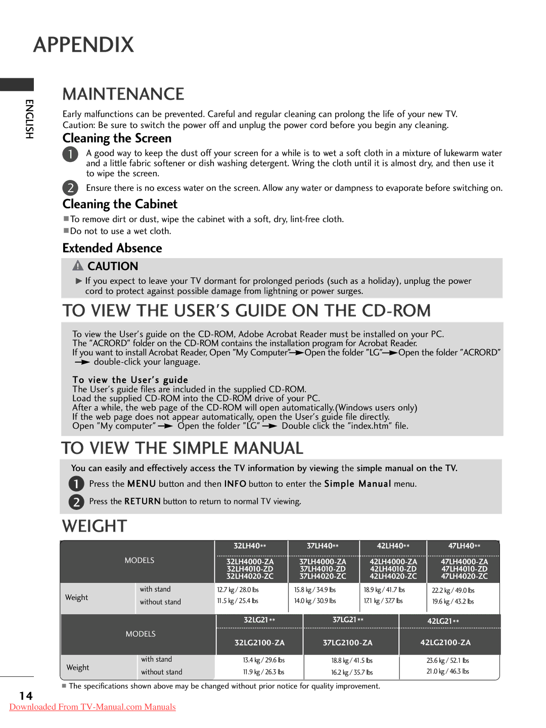 LG Electronics 32/37/42/47LH7000-ZA Maintenance, To View the Users Guide on the CD-ROM, To View the Simple Manual, Weight 