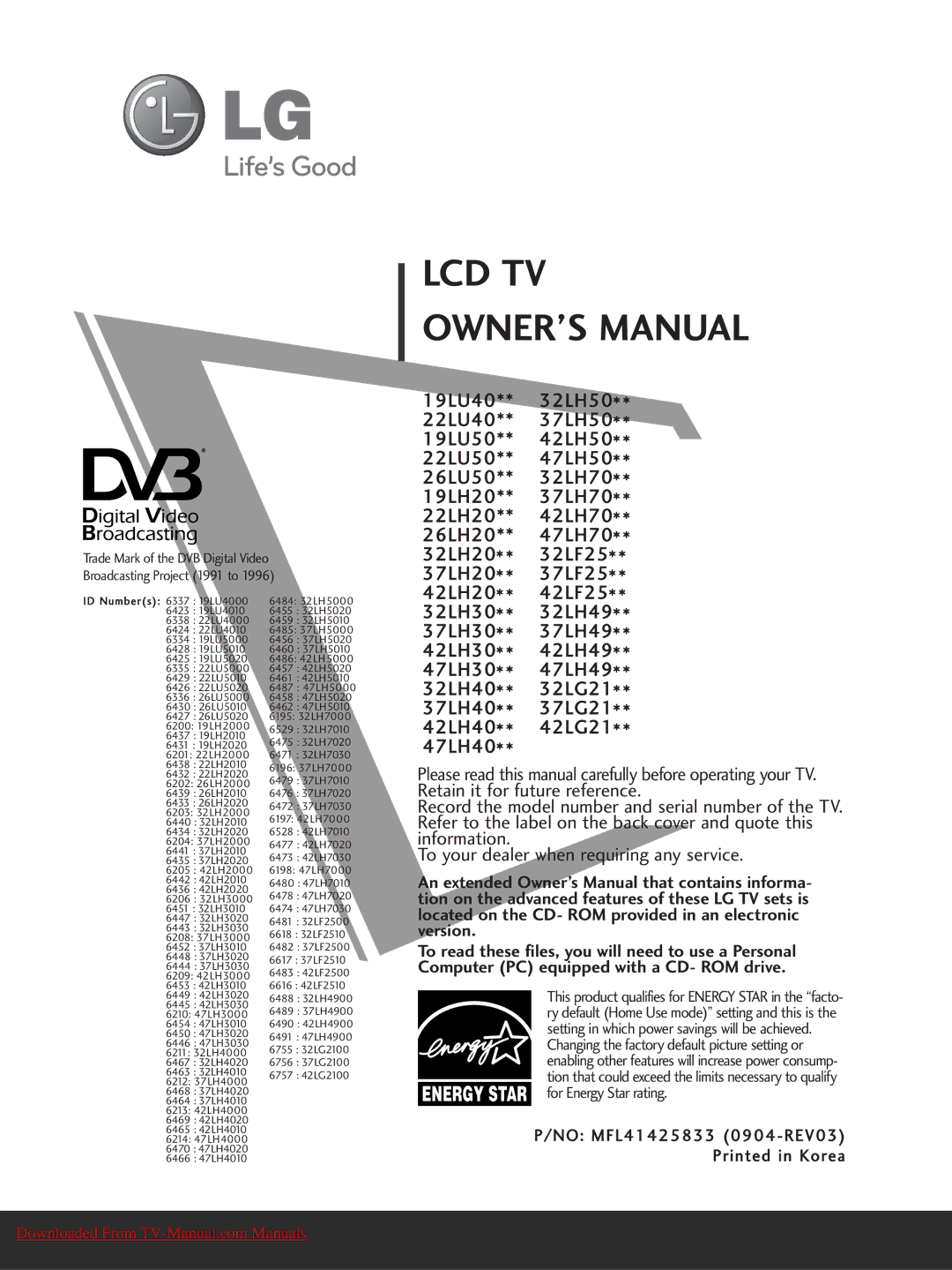 LG Electronics 32/37/42/47LH7000-ZA specifications Lcd Tv 