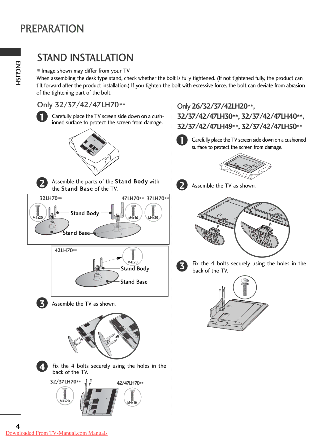 LG Electronics 32/37/42/47LH7000-ZA Stand Installation, Assemble the parts of the Stand Body with, Stand Base of the TV 