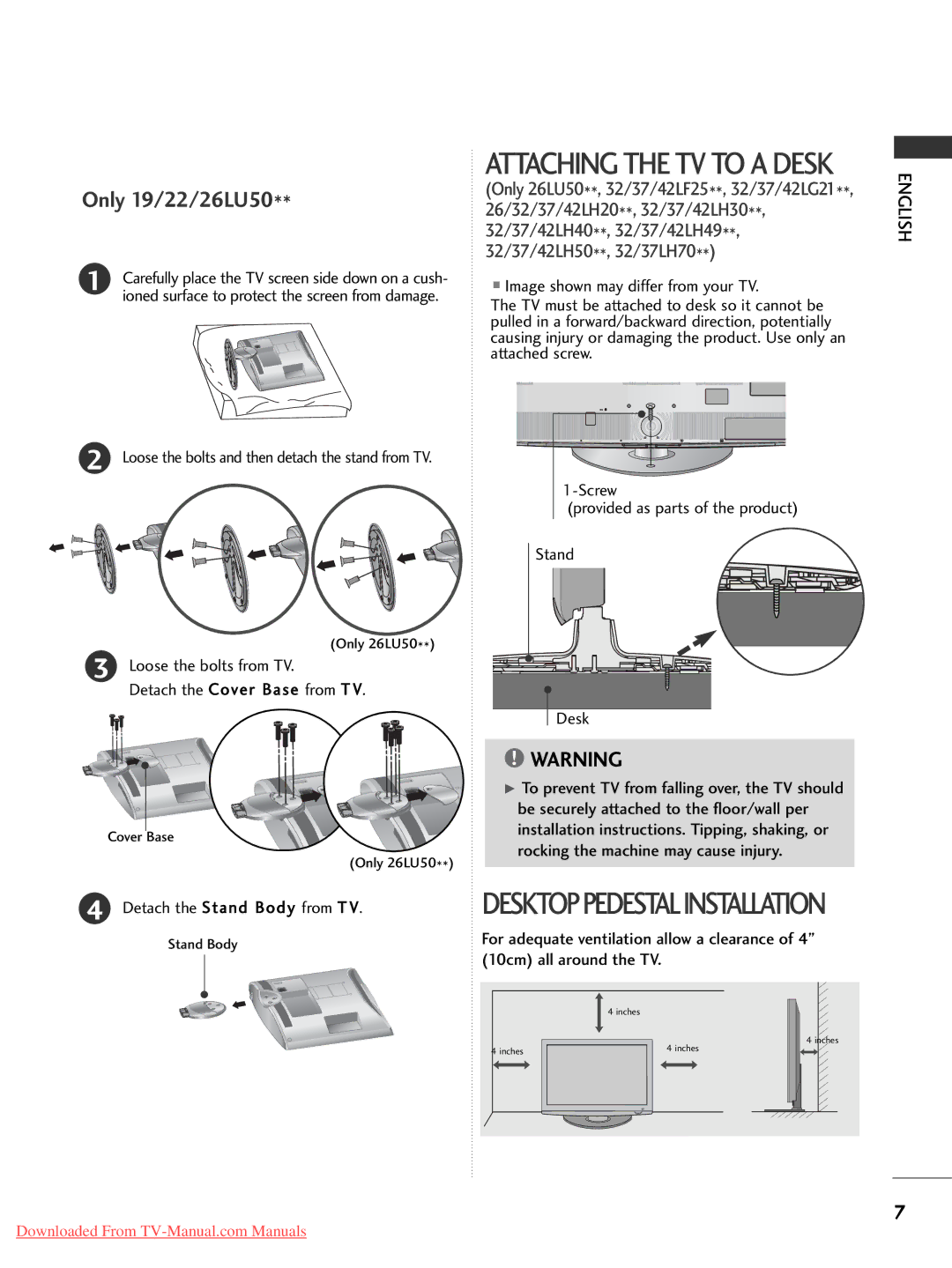 LG Electronics 32/37/42/47LH7000-ZA specifications Loose the bolts from TV Detach the Cover Base from T V. Desk 