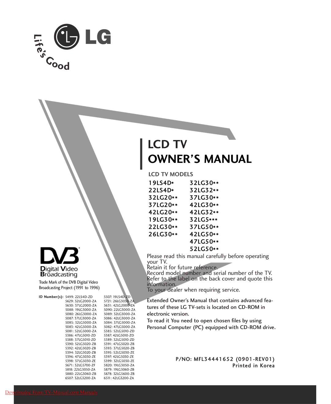 LG Electronics 32/42LG32**, 32/37/42LG20**, 26/32/37/42LG30**, 32/37/42/47/52LG5*** owner manual Lcd Tv 
