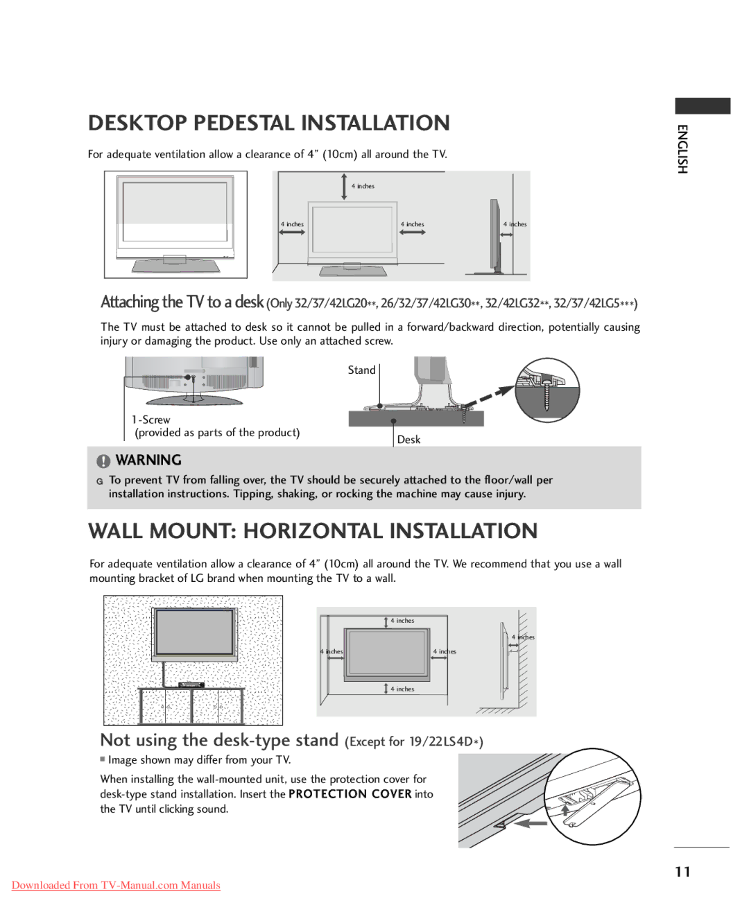 LG Electronics 32/37/42/47/52LG5***, 32/37/42LG20**, 32/42LG32**, 26/32/37/42LG30** owner manual Desktop Pedestal Installation 