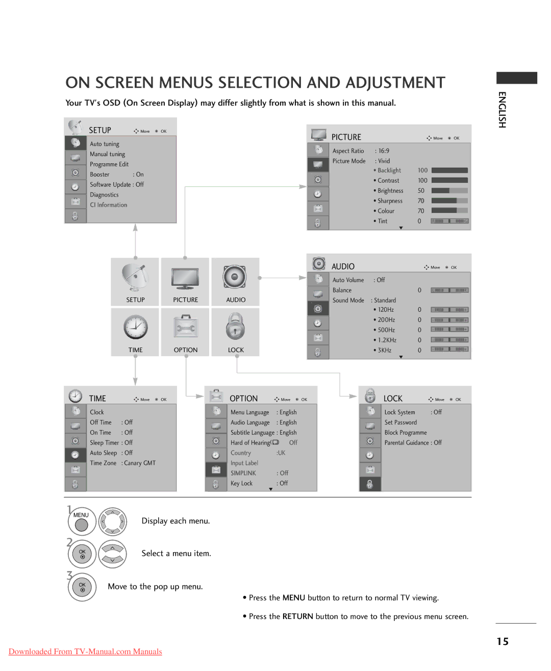 LG Electronics 32/37/42/47/52LG5***, 32/37/42LG20**, 32/42LG32** owner manual On Screen Menus Selection and Adjustment, Audio 