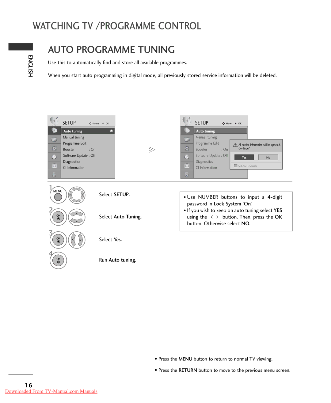 LG Electronics 32/37/42LG20**, 32/42LG32**, 26/32/37/42LG30**, 32/37/42/47/52LG5*** owner manual Auto Programme Tuning 