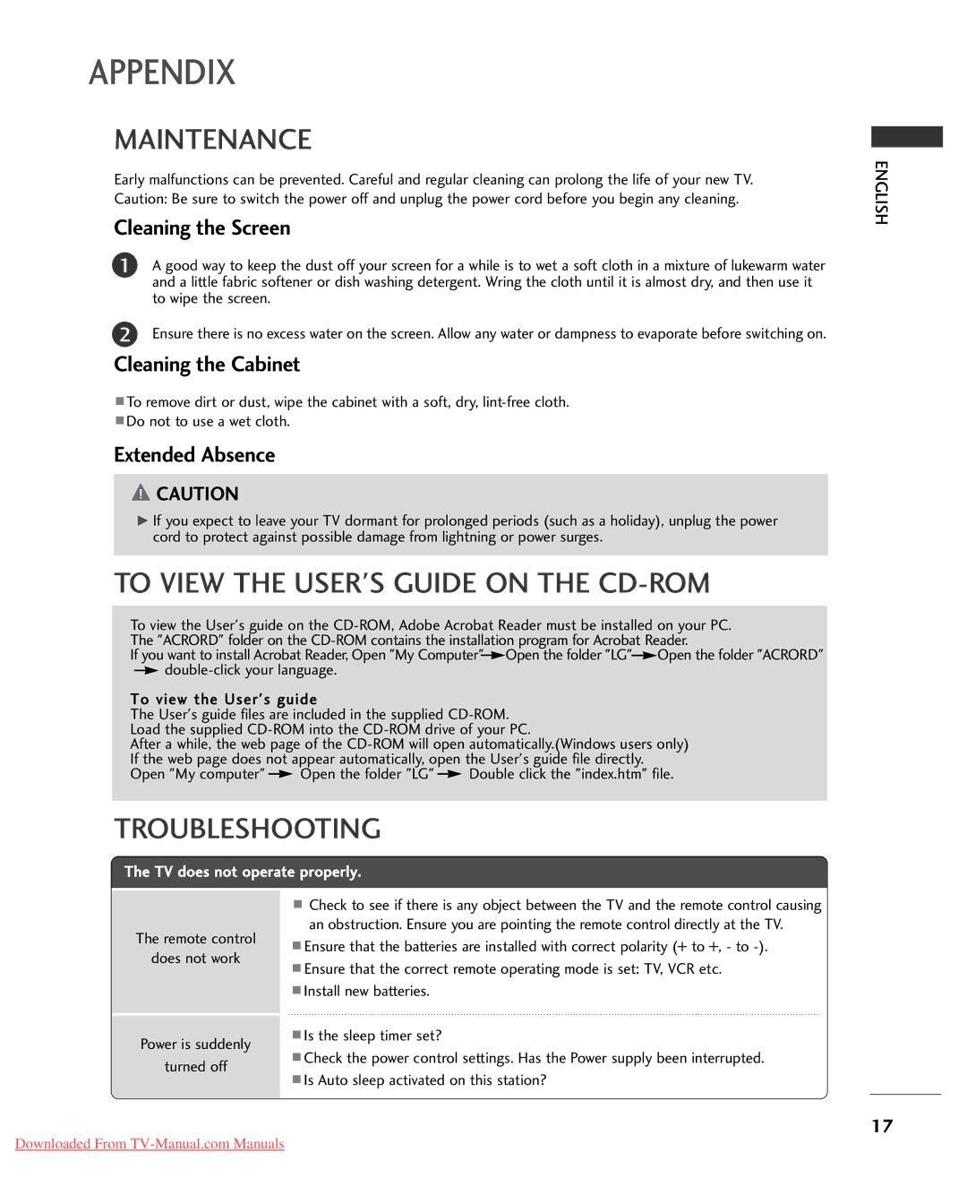 LG Electronics 32/42LG32**, 32/37/42LG20** owner manual Maintenance, To View the Users Guide on the CD-ROM, Troubleshooting 