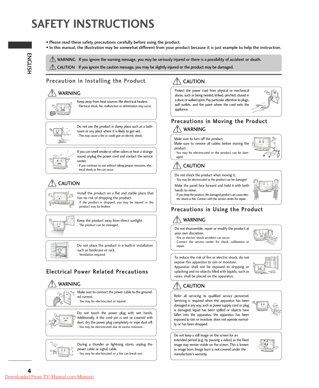 LG Electronics 32/37/42LG20**, 32/42LG32**, 26/32/37/42LG30**, 32/37/42/47/52LG5*** owner manual Safety Instructions 