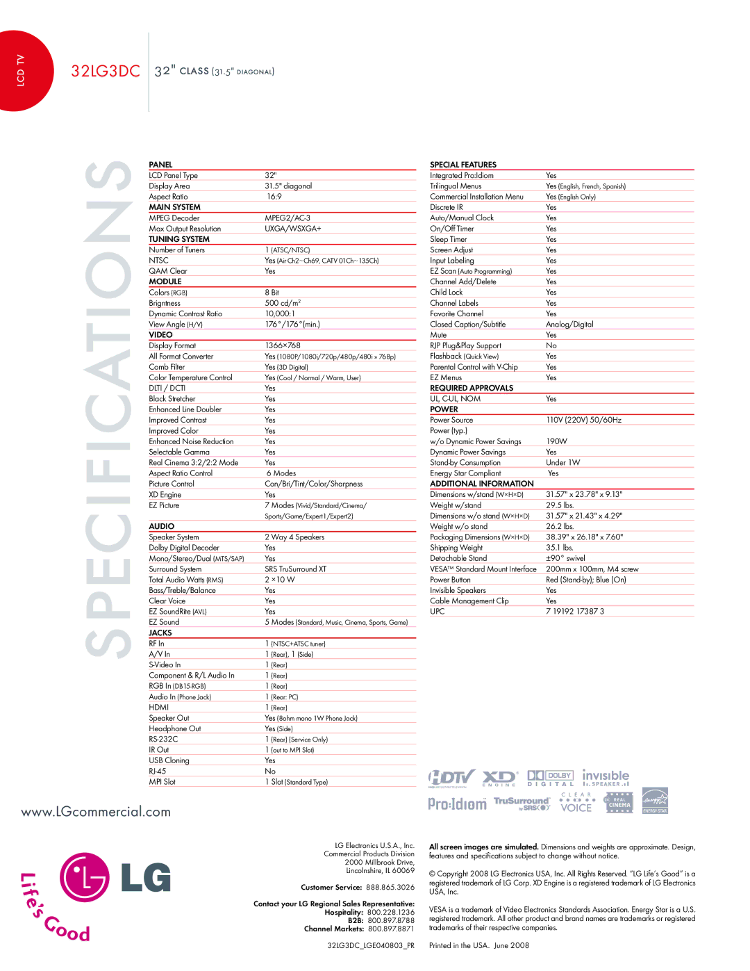 LG Electronics 323DC warranty Specifications 