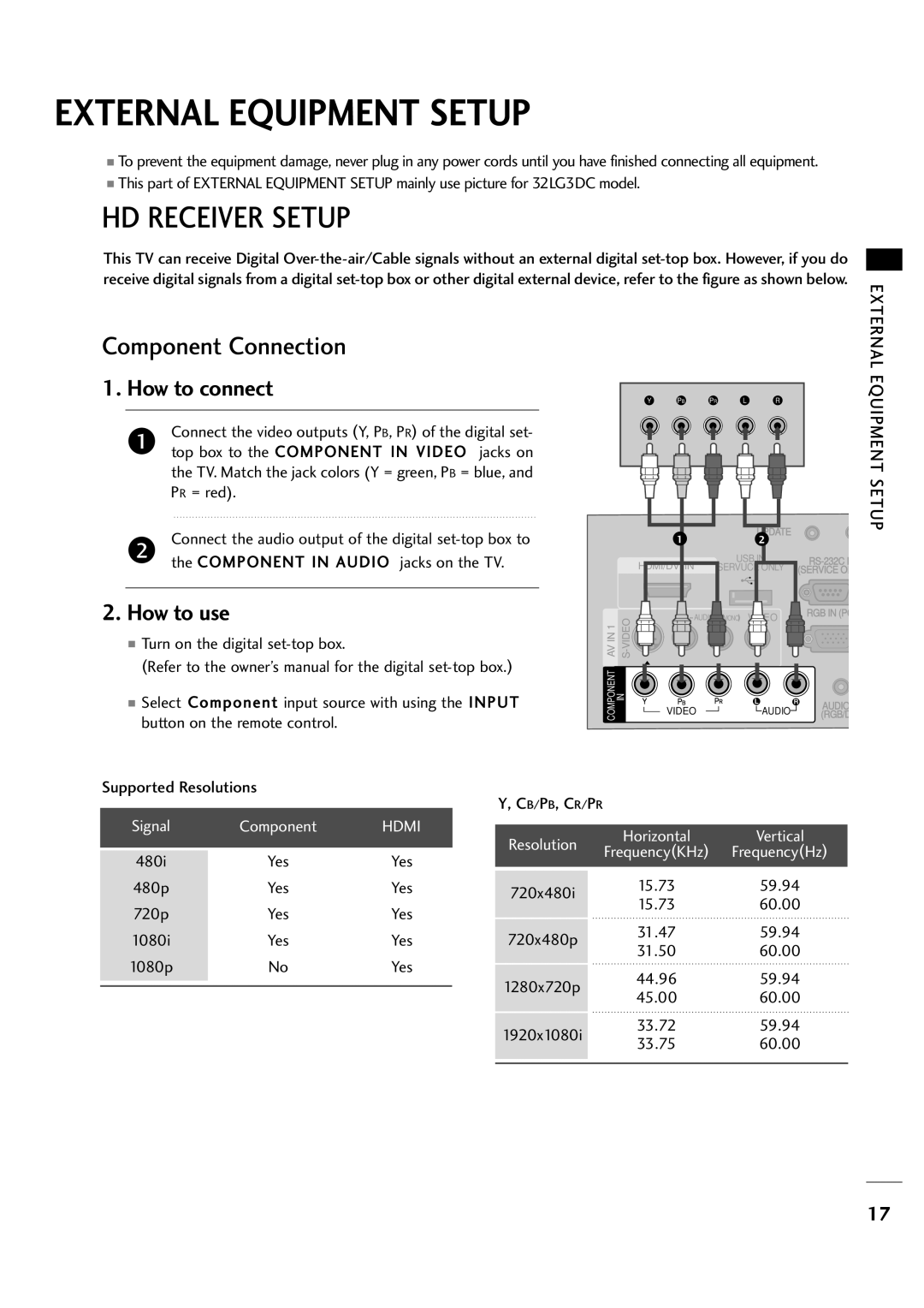 LG Electronics 263DCH External Equipment Setup, HD Receiver Setup, Component Connection, How to connect, How to use 