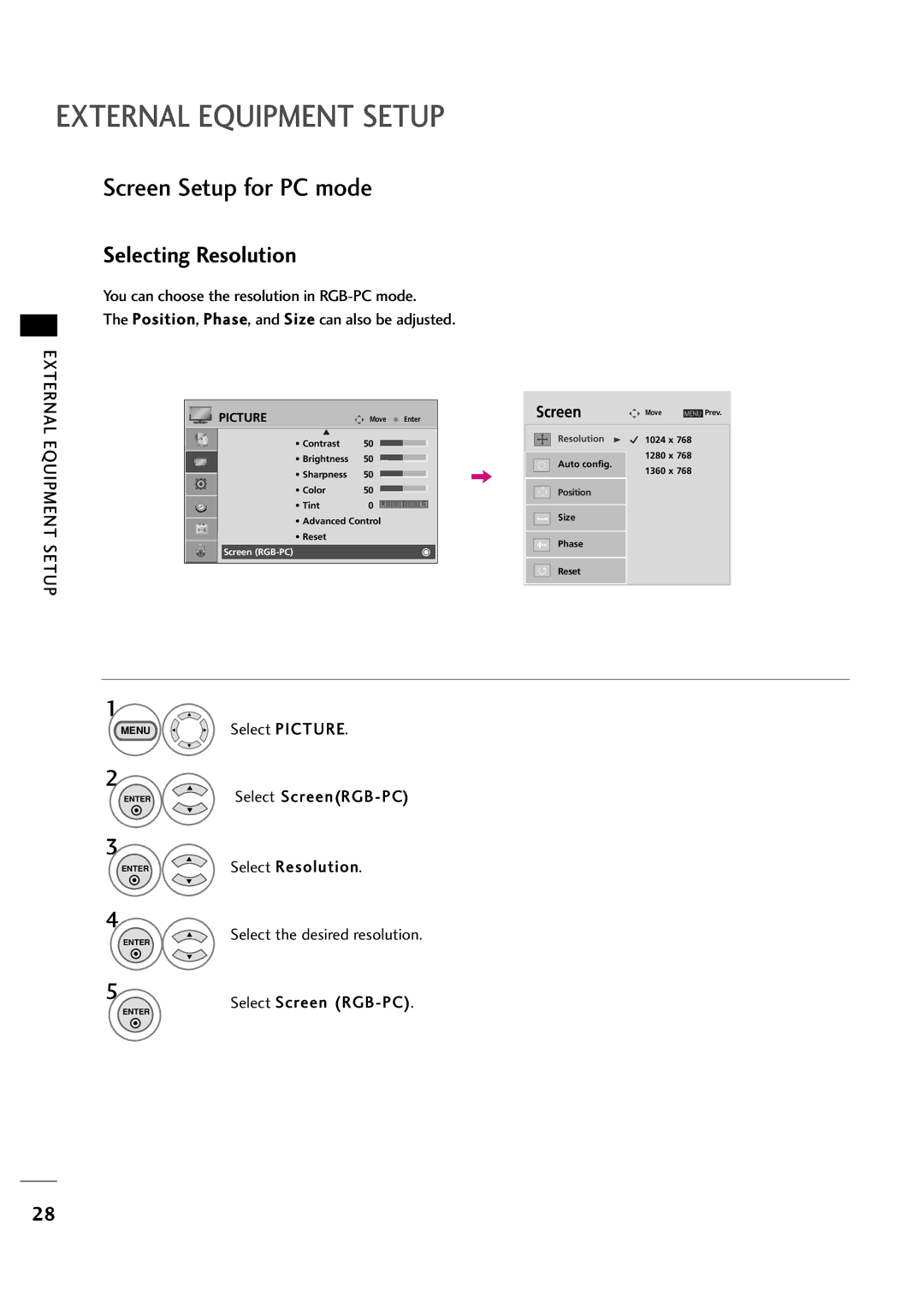 LG Electronics 323DCH, 263DCH Screen Setup for PC mode, Selecting Resolution, Select ScreenRGB-PC, Select Resolution 