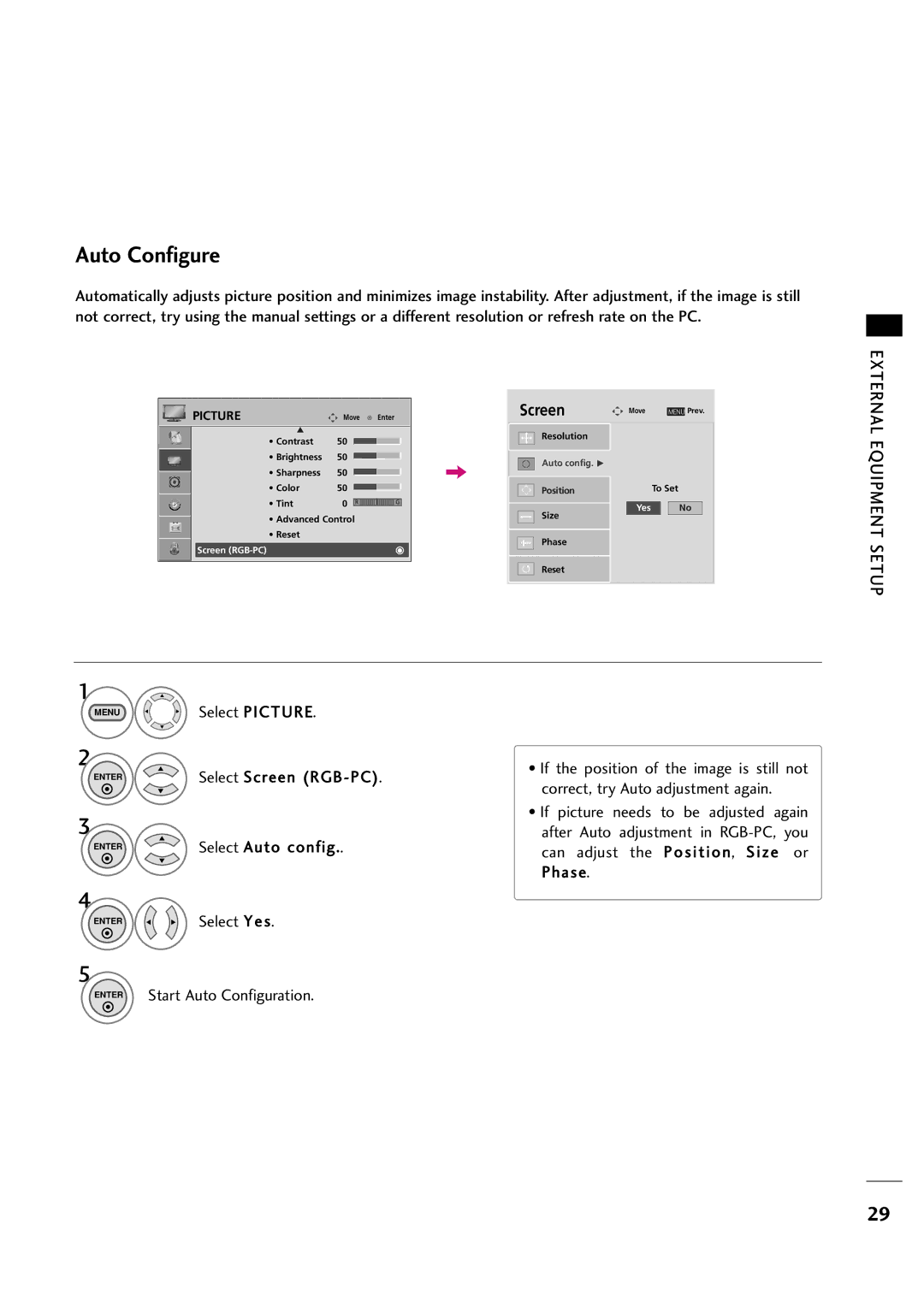 LG Electronics 263DCH, 323DCH owner manual Auto Configure, Menu Select Picture 