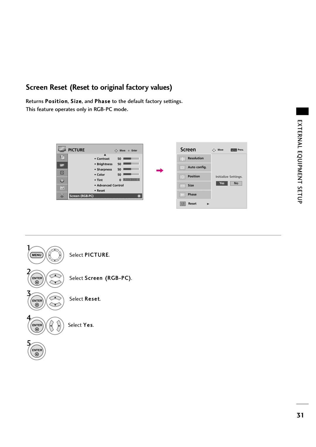 LG Electronics 263DCH, 323DCH Screen Reset Reset to original factory values, ENTERSelect Screen RGB-PC Enter Select Reset 