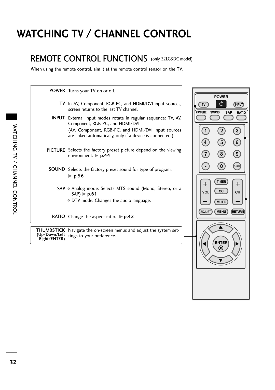 LG Electronics 323DCH, 263DCH owner manual Watching TV / Channel Control, Remote Control Functions only 32LG3DC model 