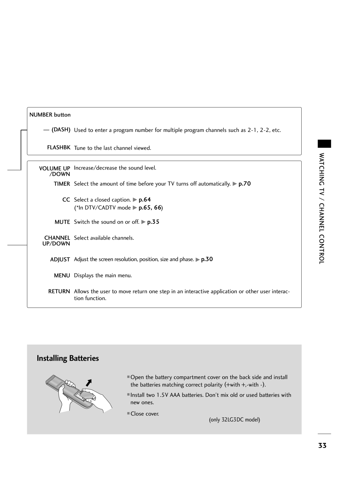 LG Electronics 263DCH, 323DCH owner manual Installing Batteries, Up/Down, Watching TV / Channel Control 