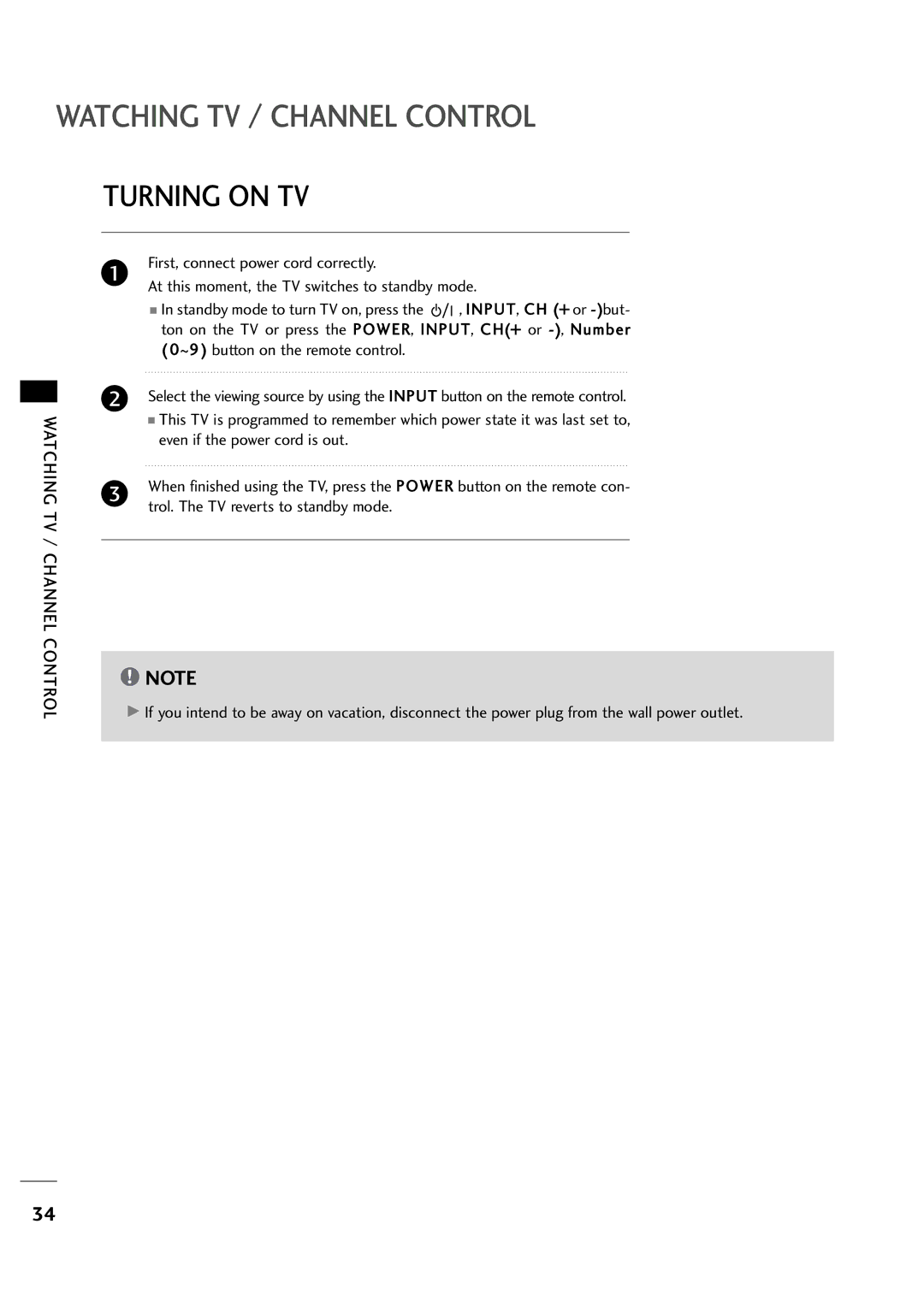 LG Electronics 323DCH, 263DCH owner manual Watching TV / Channel Control, Turning on TV 