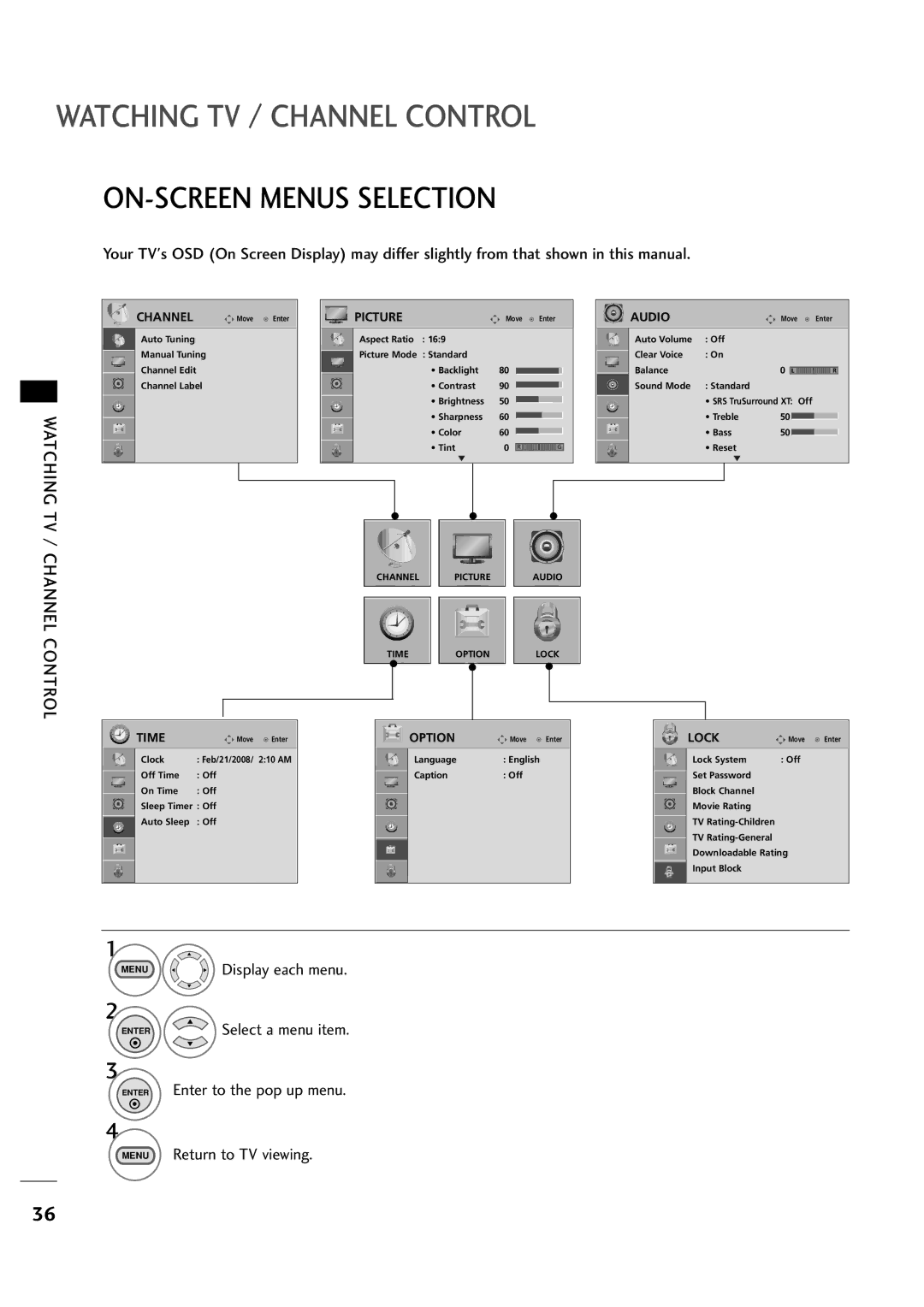 LG Electronics 323DCH, 263DCH owner manual ON-SCREEN Menus Selection, Audio 