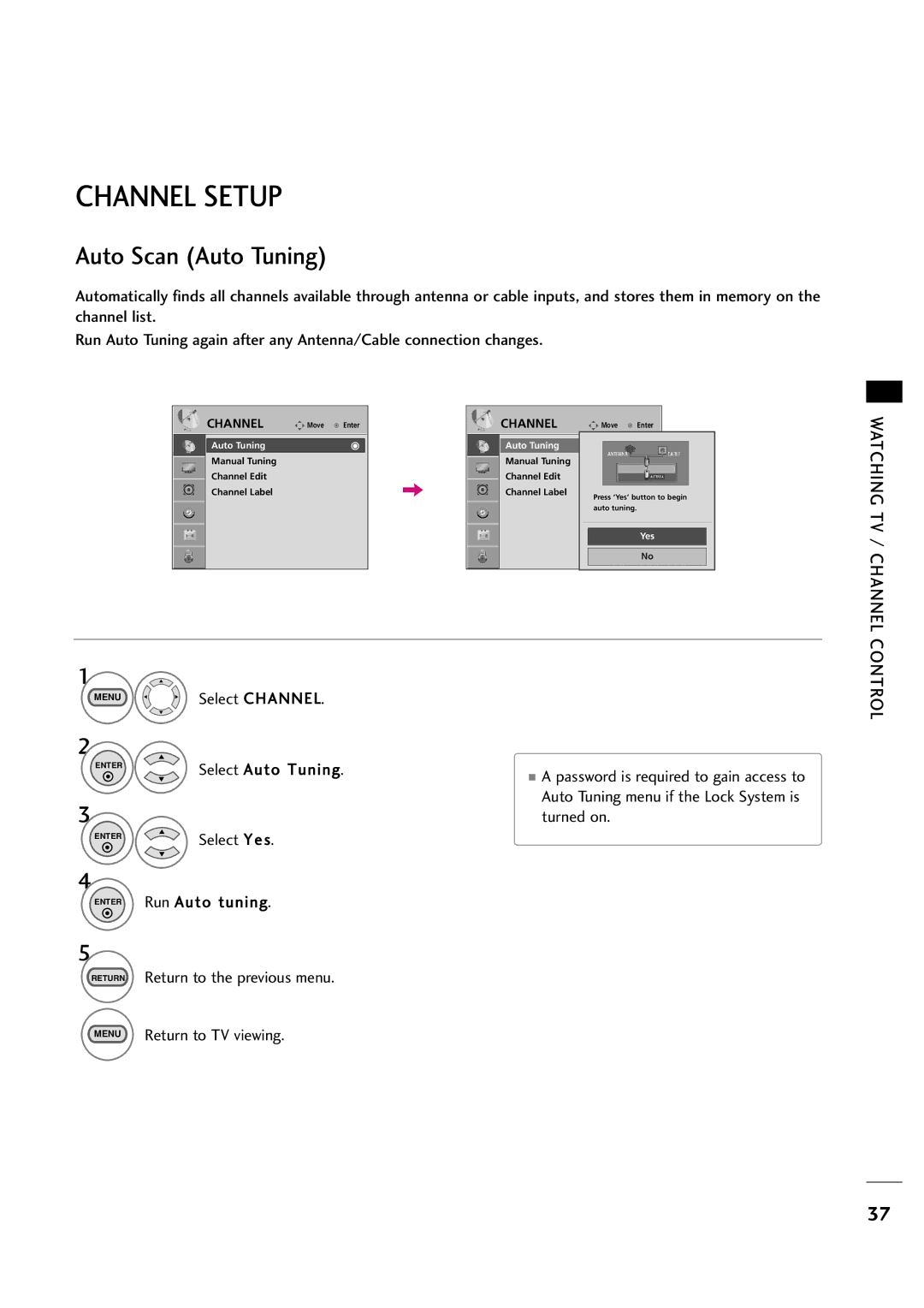 LG Electronics 263DCH, 323DCH owner manual Channel Setup, Auto Scan Auto Tuning, Watching TV / Channel, Control 