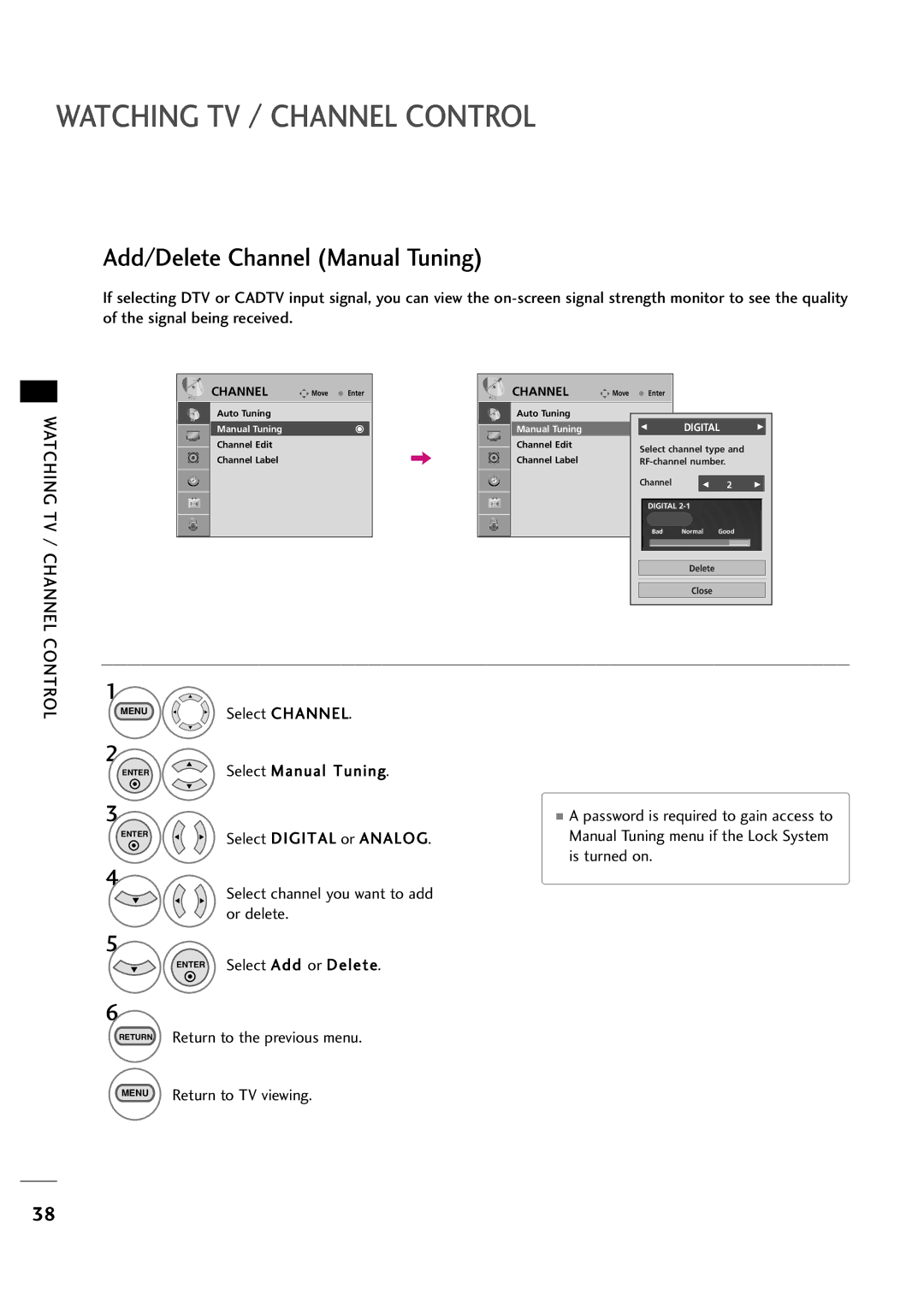 LG Electronics 323DCH, 263DCH owner manual Add/Delete Channel Manual Tuning, ENTERSelect Manual Tuning 