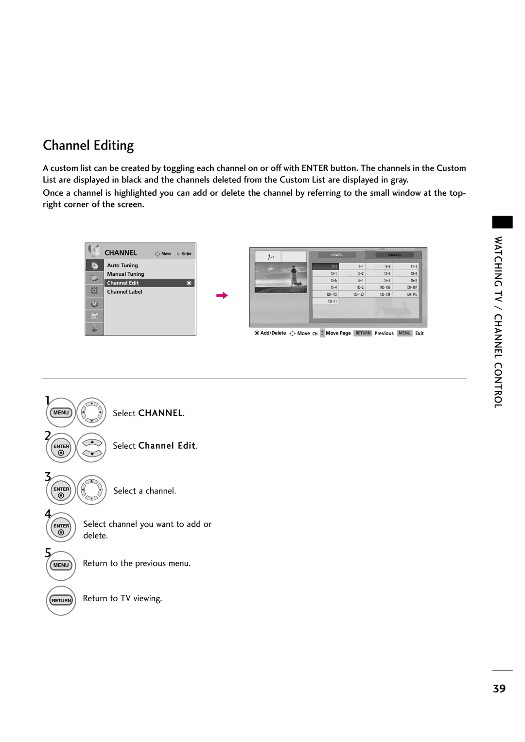 LG Electronics 263DCH, 323DCH owner manual Channel Editing 