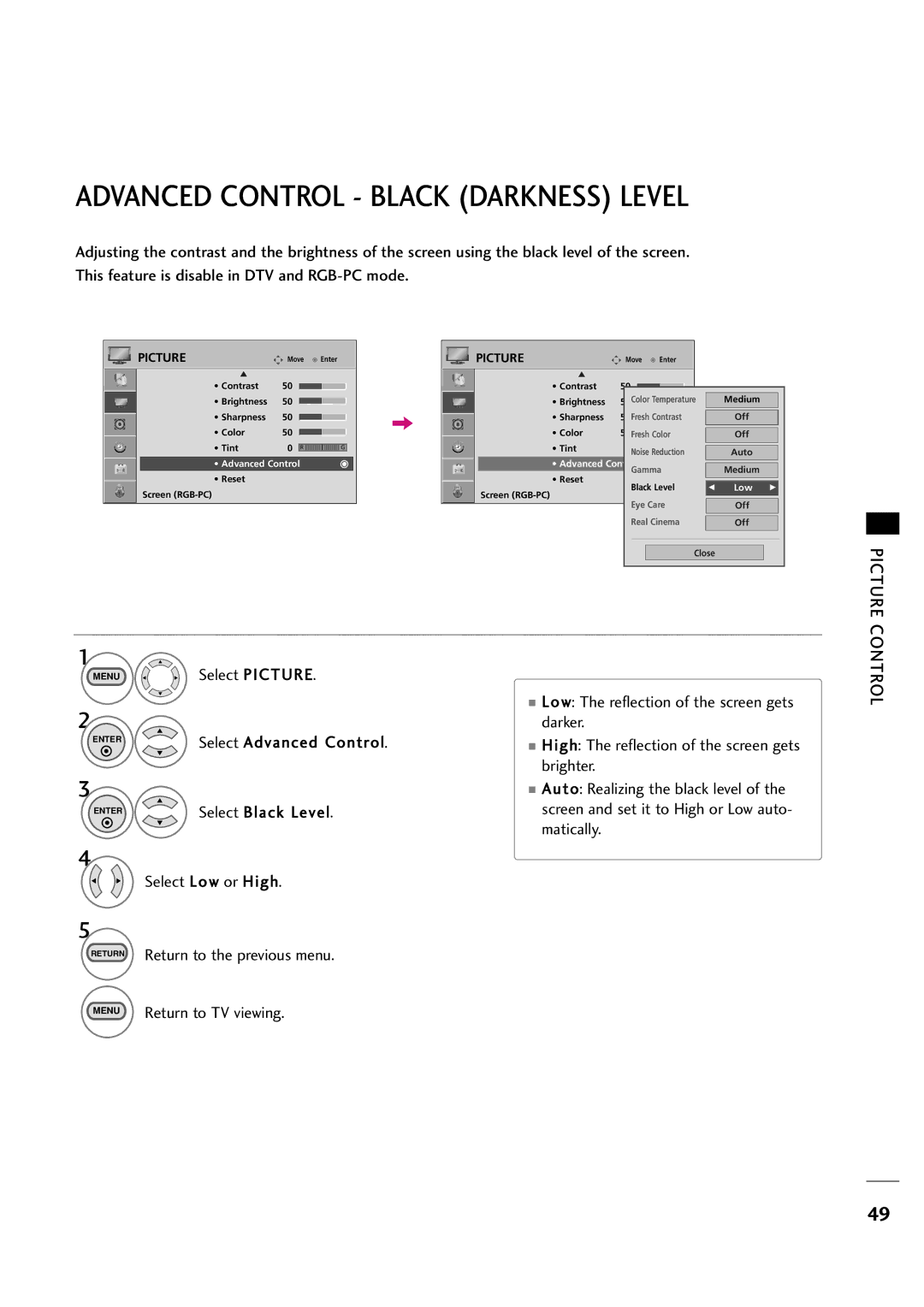 LG Electronics 263DCH, 323DCH Advanced Control Black Darkness Level, Select Low or High Return Return to the previous menu 